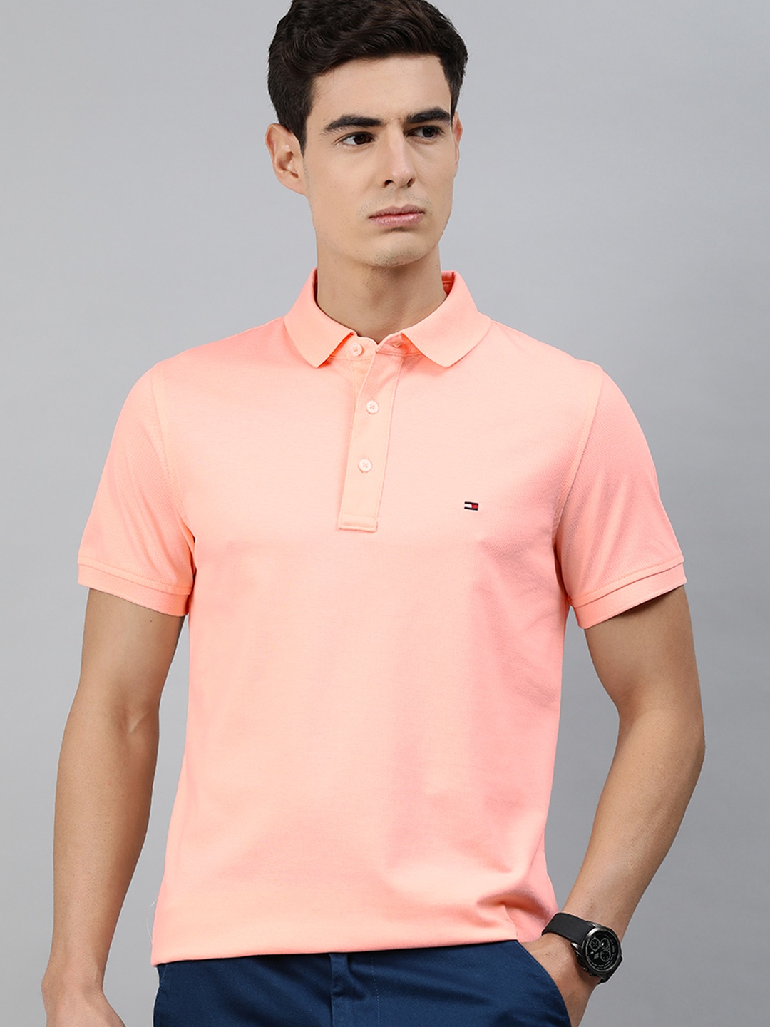 

Tommy Hilfiger Men Peach-Coloured Slim Fit Pure Cotton Solid Polo Collar T-shirt