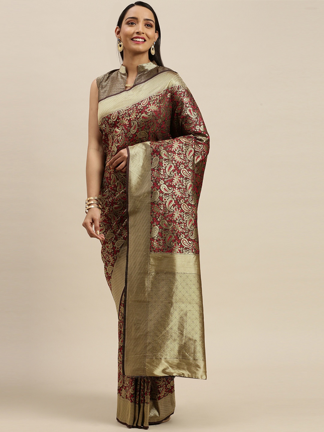 

Mitera Brown & Gold-Coloured Woven Design Banarasi Celebrity Saree