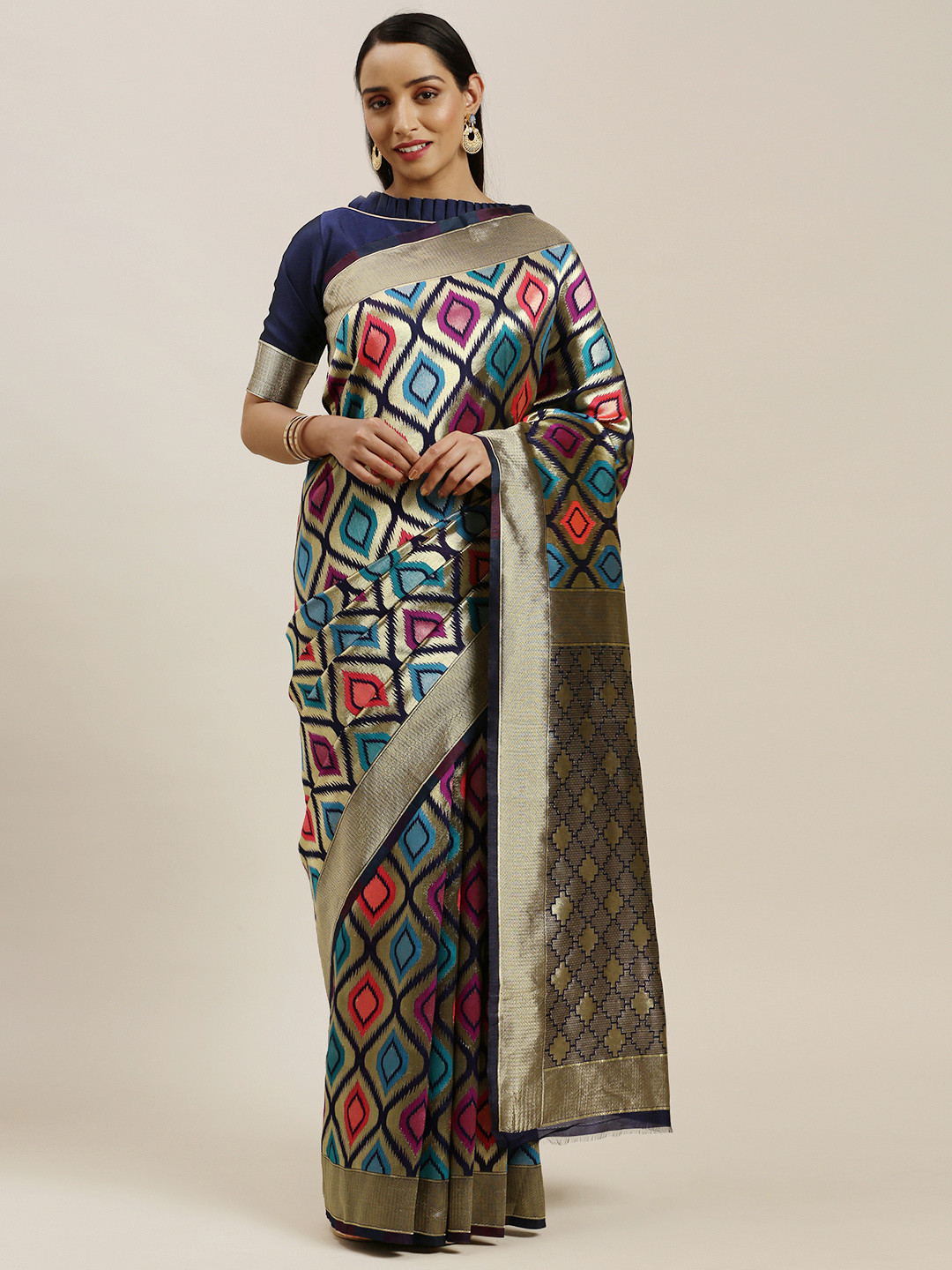 

Mitera Navy Blue & Gold-Toned Silk Blend Woven Design Banarasi Saree