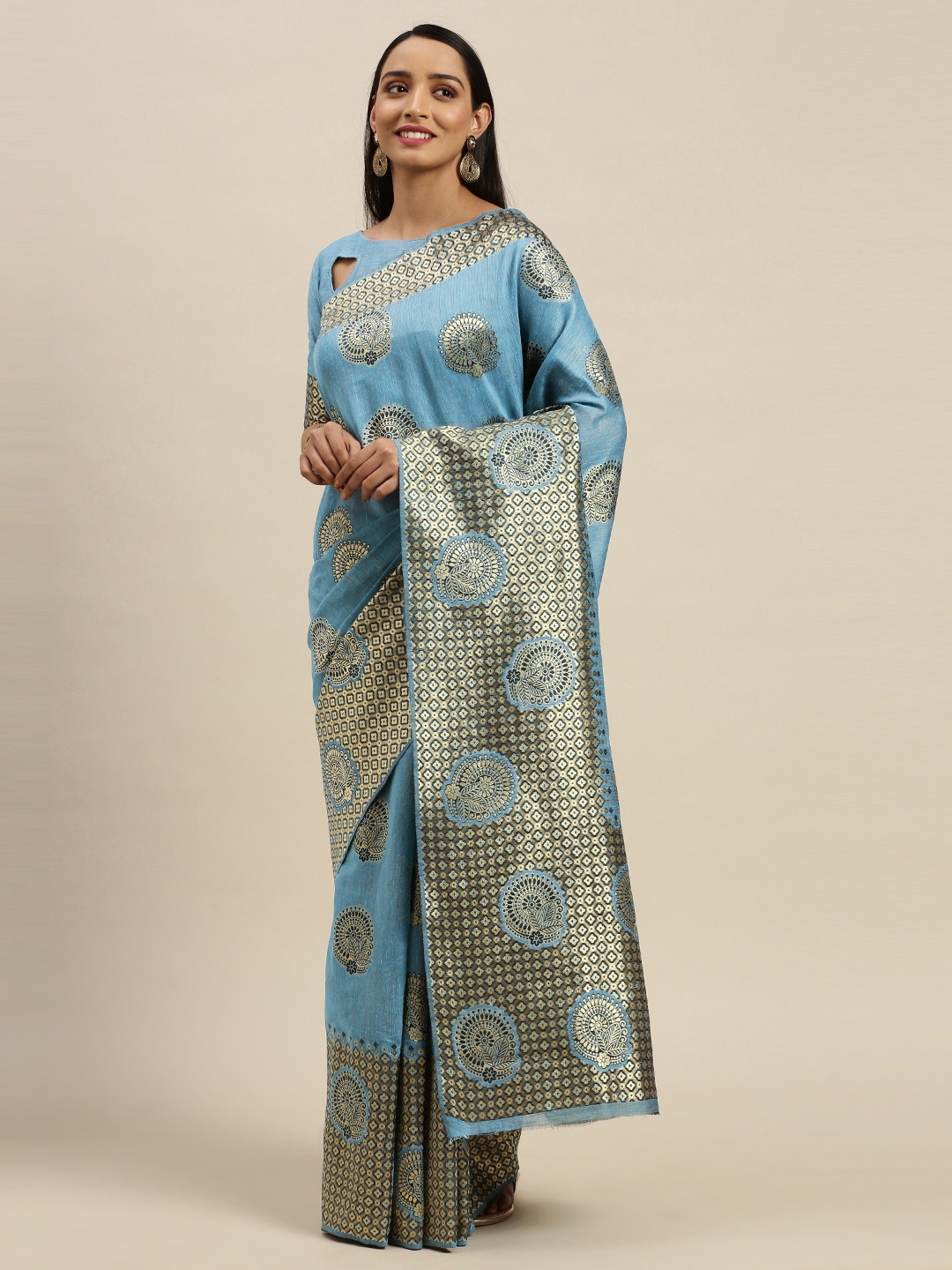 

Mitera Blue & Golden Silk Blend Woven Design Banarasi Saree