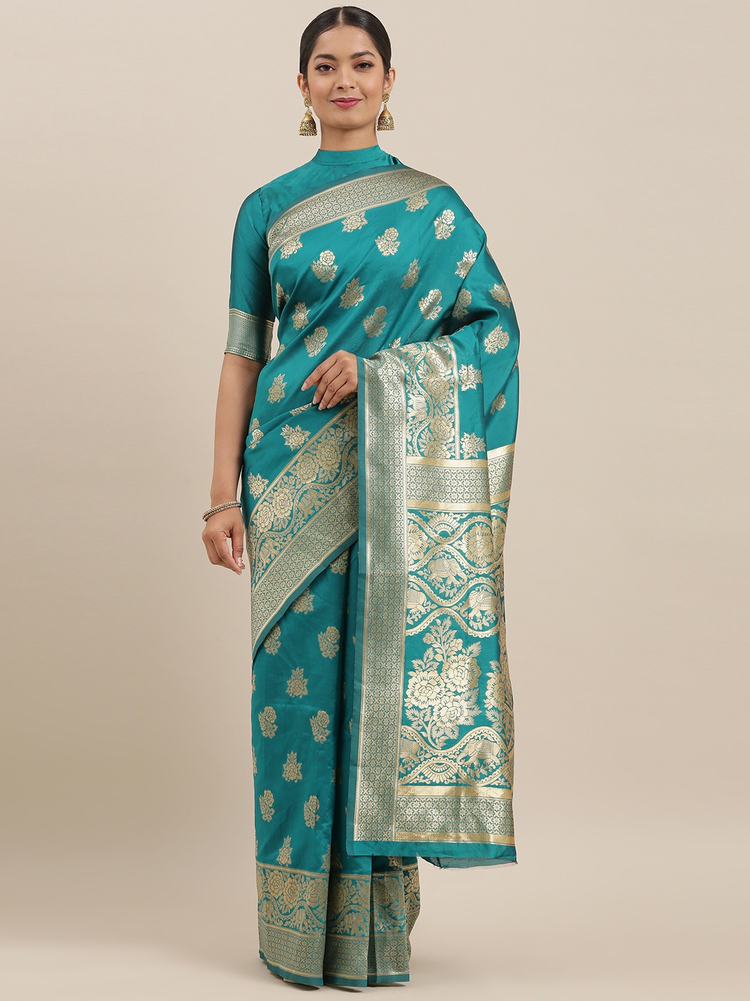 

Mitera Turquoise Blue Silk Blend Woven Design Banarasi Saree