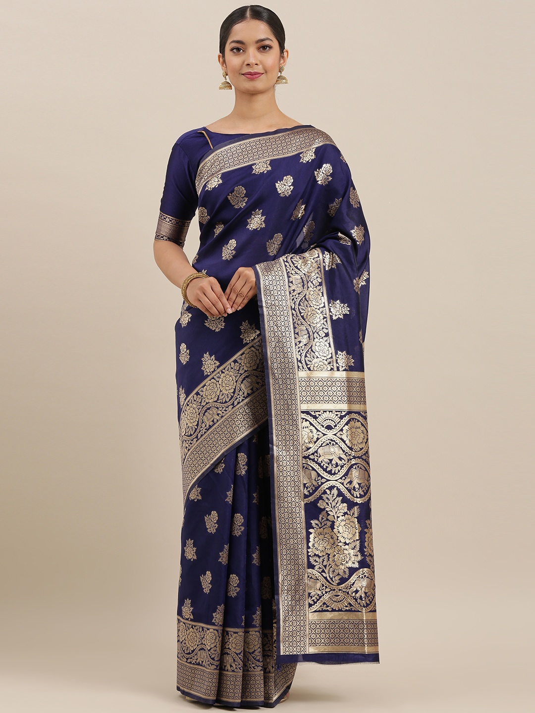 

Mitera Blue Silk Blend Woven Design Banarasi Saree