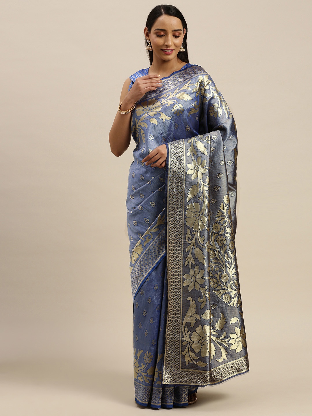 

Mitera Blue & Gold-Toned Silk Blend Woven Design Banarasi Saree