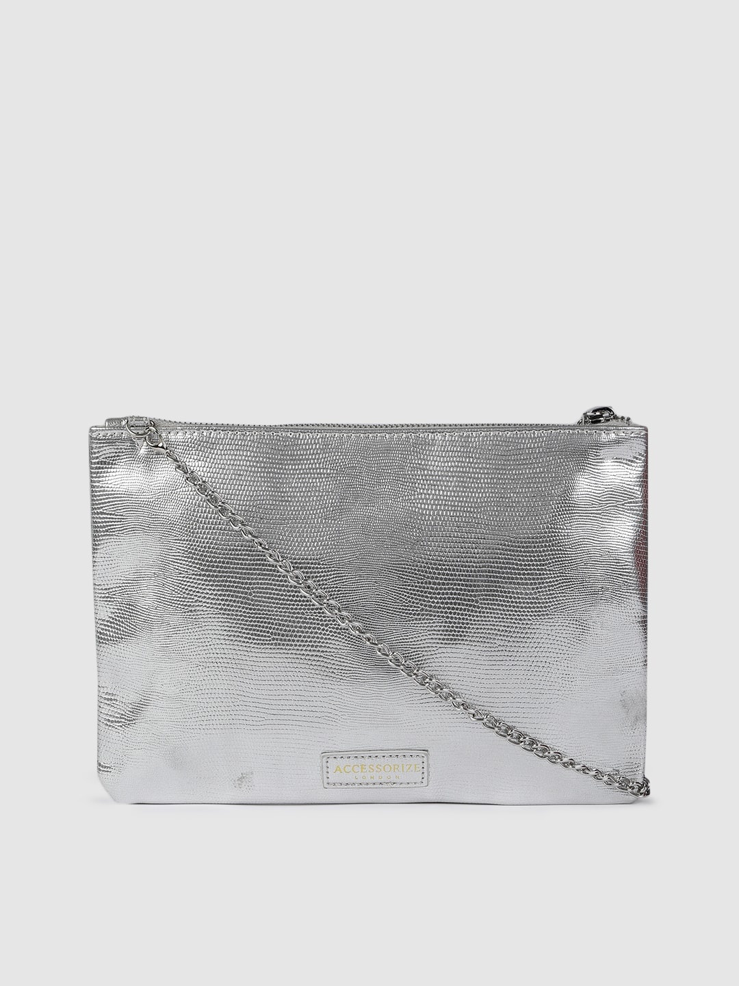 

Accessorize London Women Faux Leather Zip Top Sling Bag, Silver