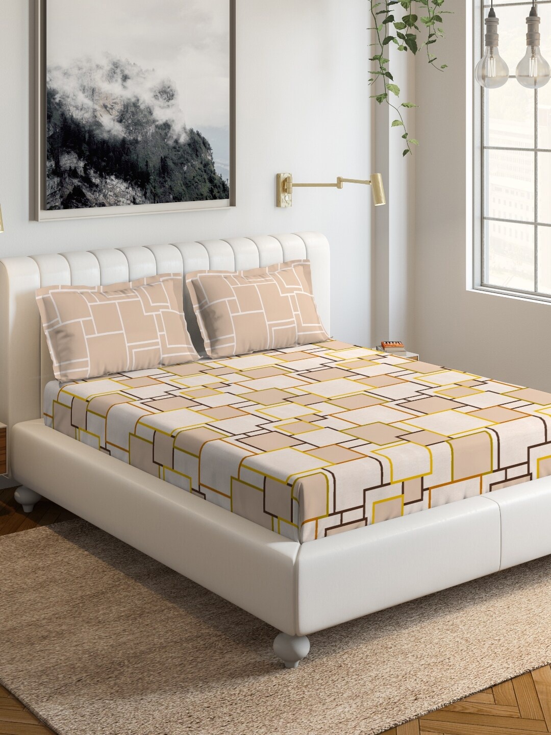 

DDecor Yellow & Beige Geometric 144 TC Cotton 1 Queen Bedsheet with 2 Pillow Covers