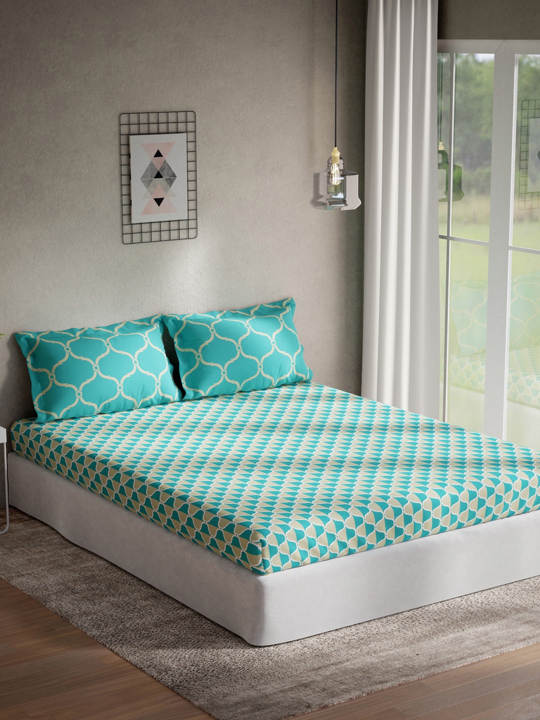 

DDecor Turquoise Blue Geometric 144 TC Cotton 1 King Bedsheet with 2 Pillow Covers