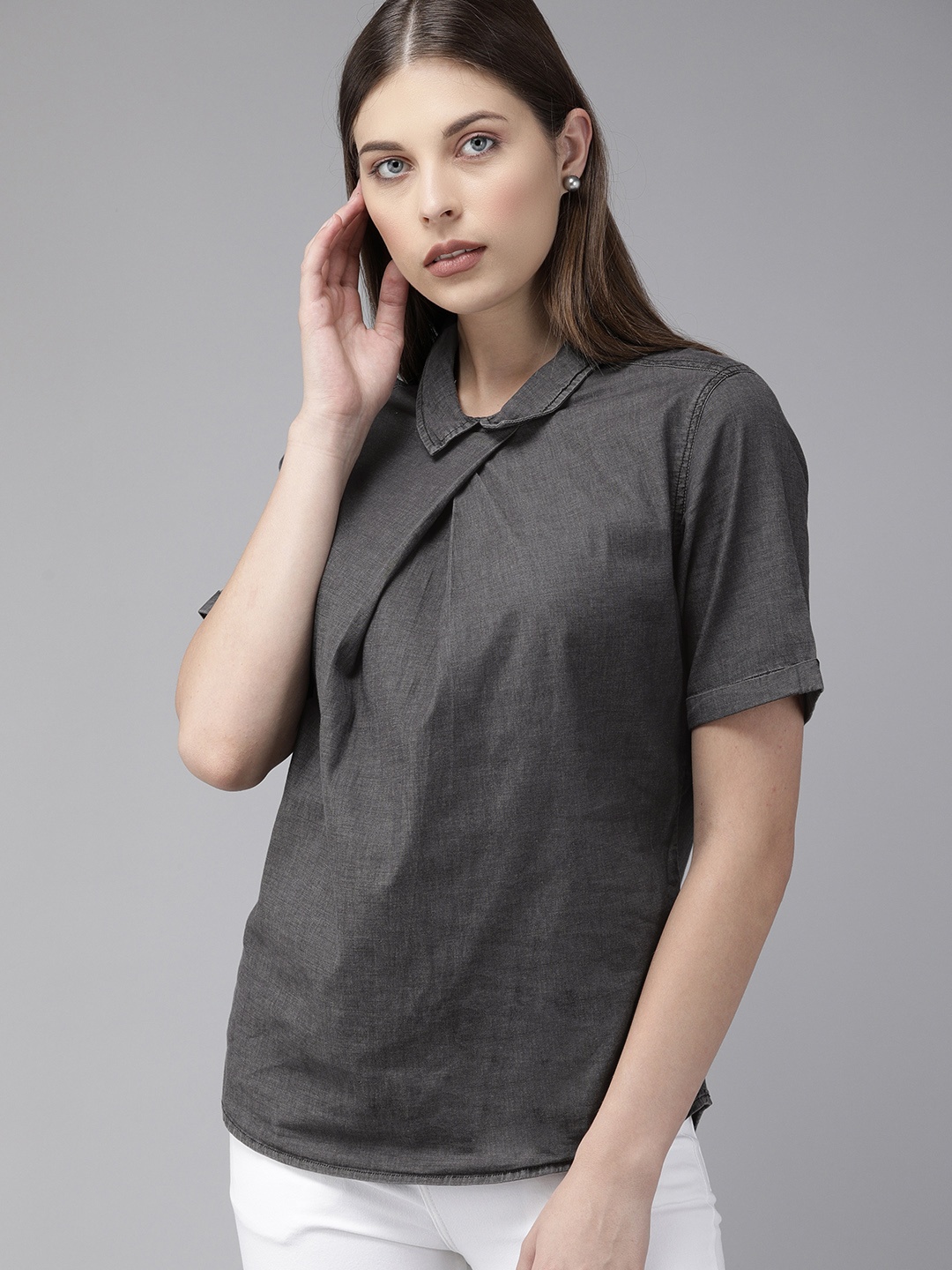 

Park Avenue Women Charcoal Grey Pleated Detail Solid Shirt Style Top