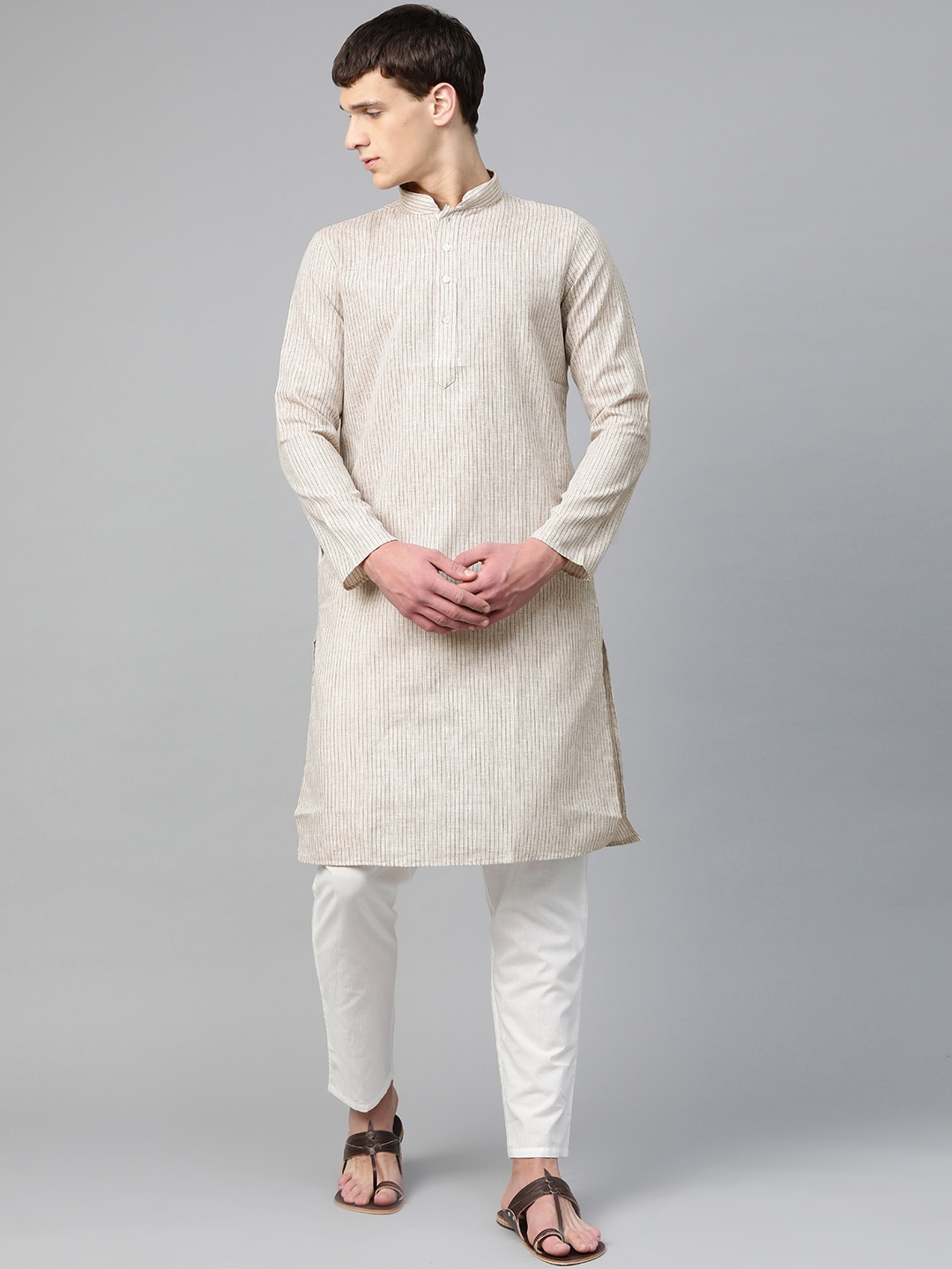 

Manthan Men Grey & Black Striped Mandarin Collar Straight kurta