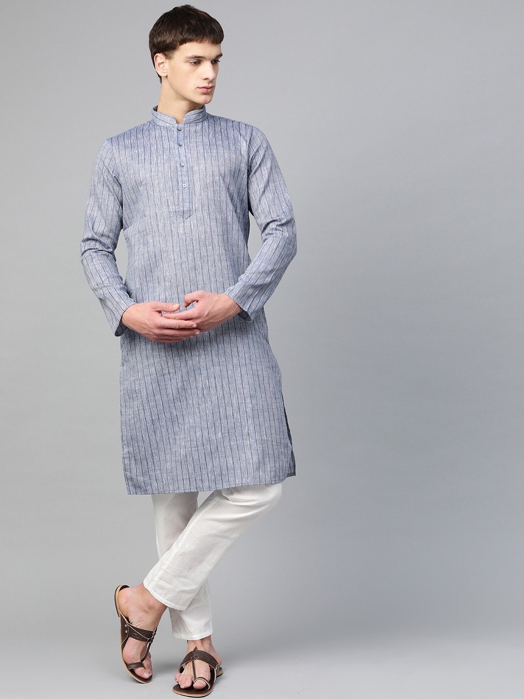 

Manthan men Blue & Black Striped Mandarin Collar Straight kurta