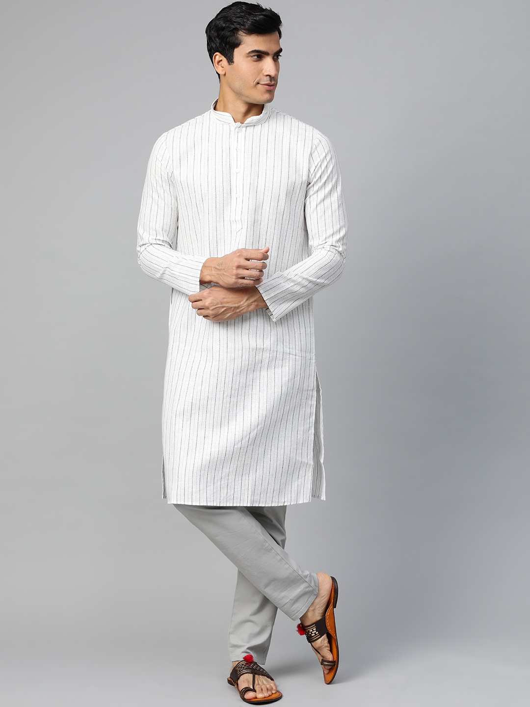 

Manthan Men White & Black Self Striped Straight Kurta