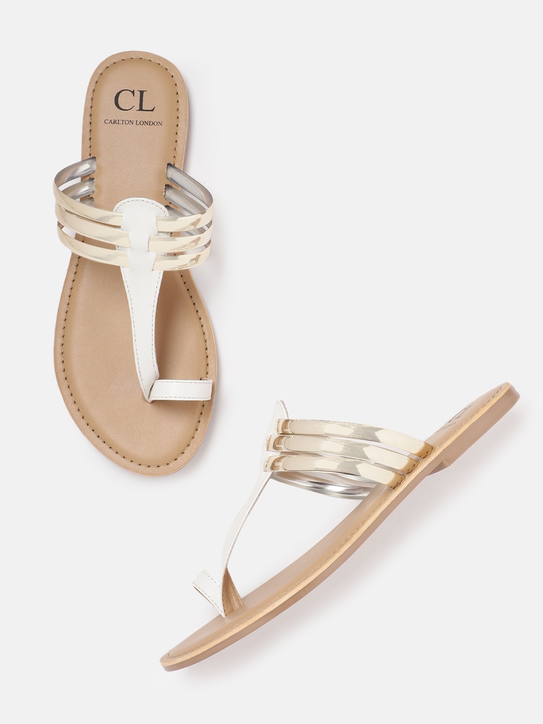 

Carlton London Women White & Gold-Toned Colourblocked One Toe Flats