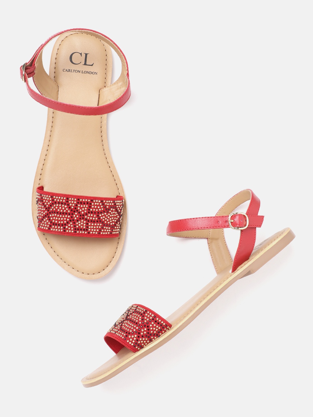 

Carlton London Women Red & Gold-Toned Embellished Open Toe Flats
