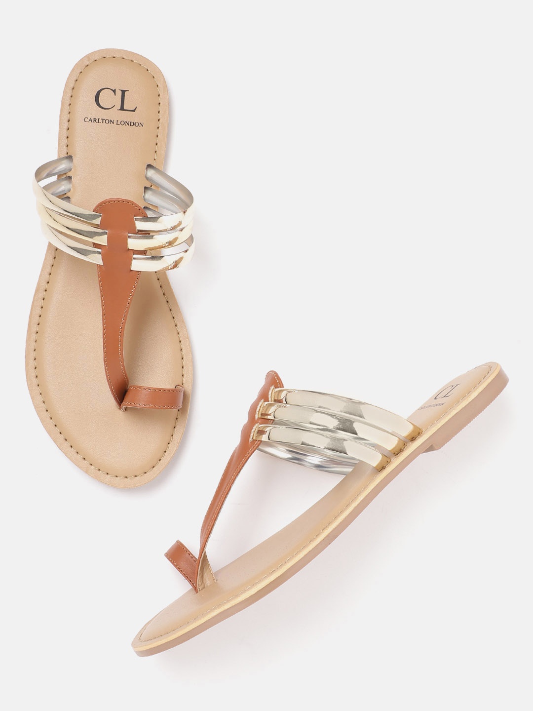 

Carlton London Women Tan Brown & Gold-Toned Colourblocked One Toe Flats