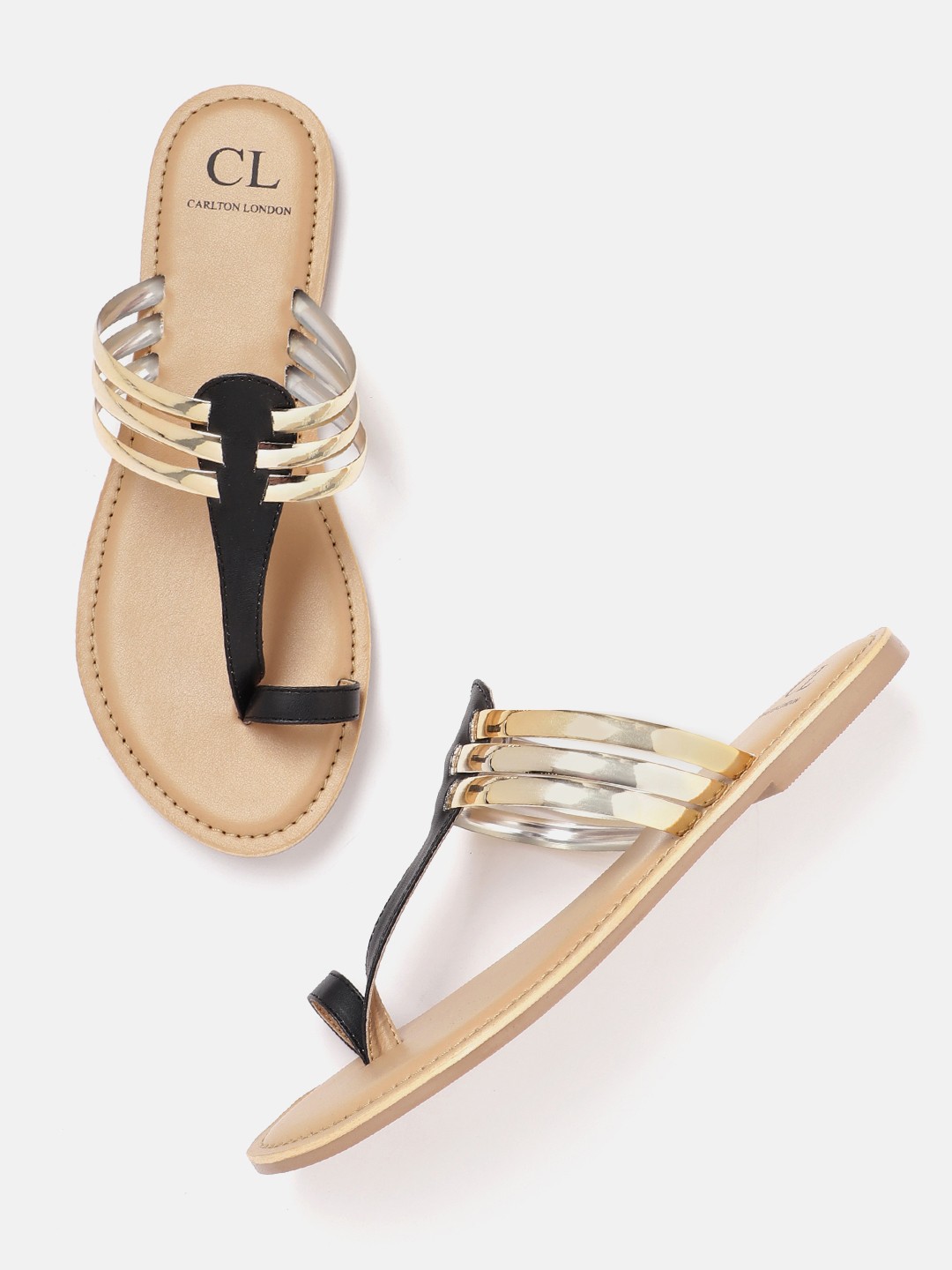 

Carlton London Women Black & Golden Colourblocked Solid Open Toe Flats