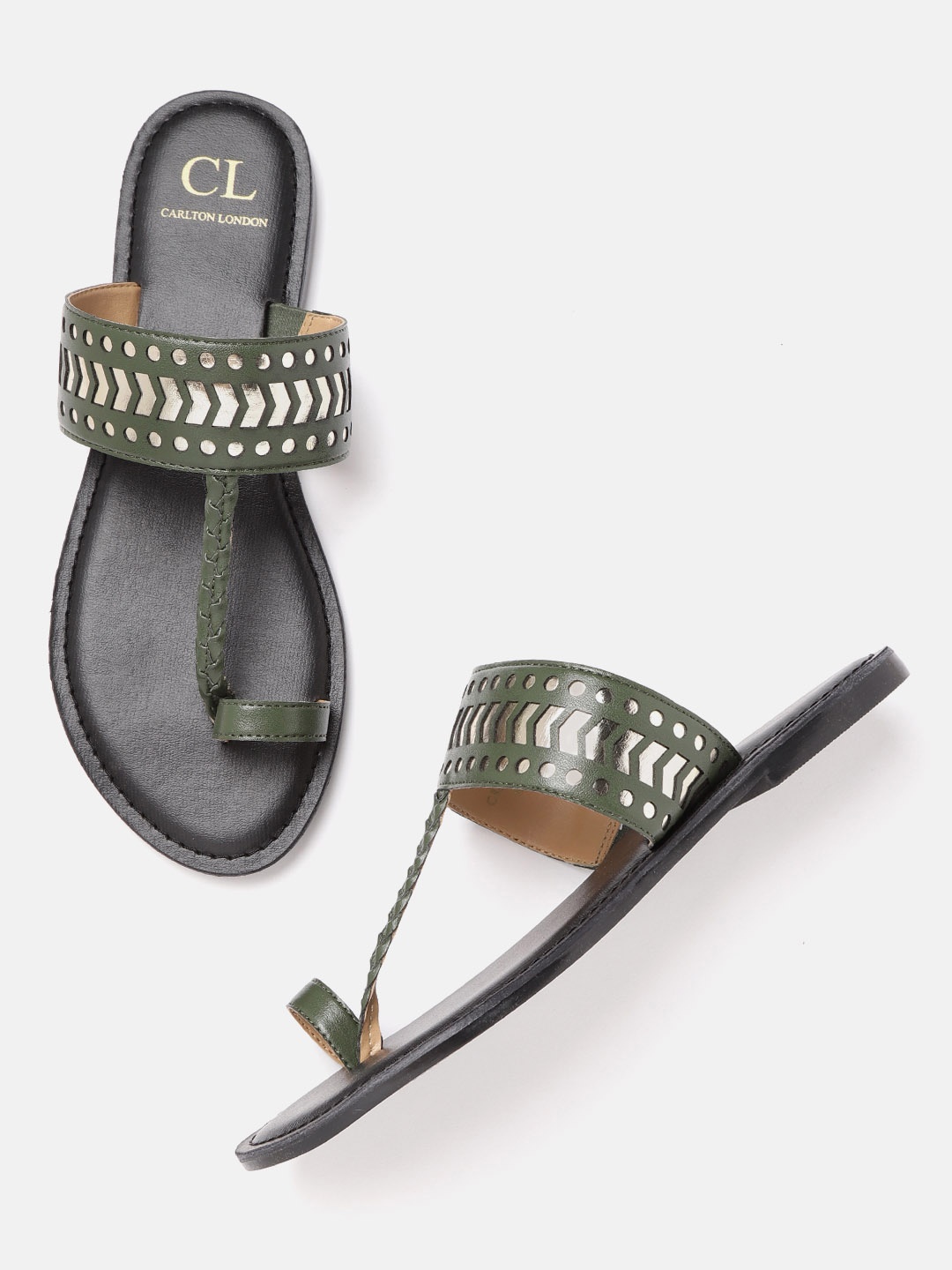 

Carlton London Women Olive Green & Gold-Toned Cut-Work One Toe Flats
