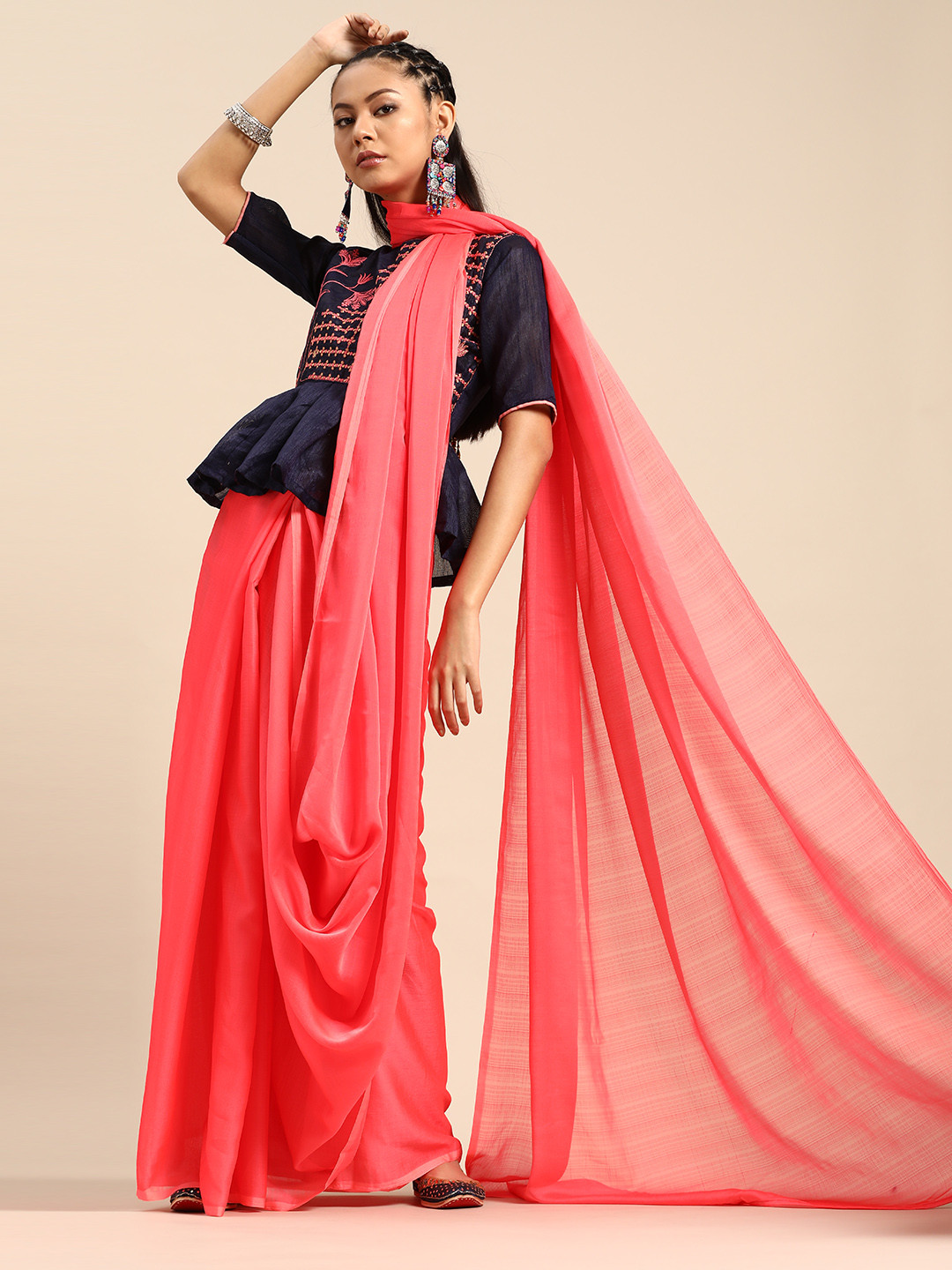 

SHAVYA Coral Pink Solid Pure Chiffon Saree