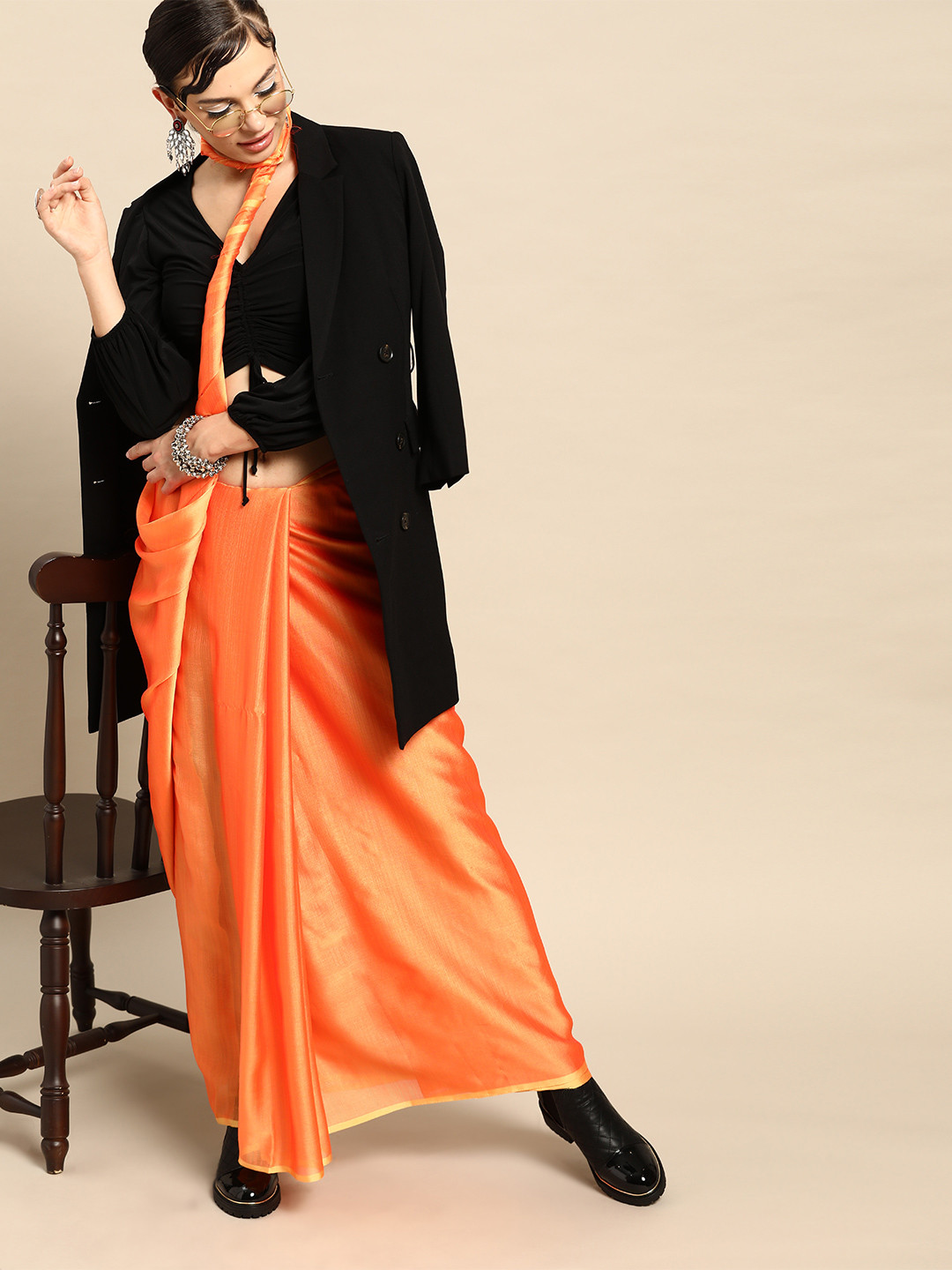 

SHAVYA Orange Solid Pure Chiffon Celebrity Saree