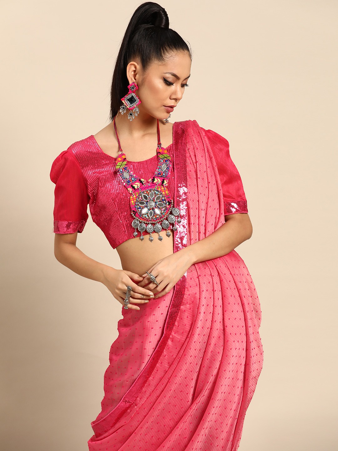 

SHAVYA Women Pink Woven Design Silk Blend Saree
