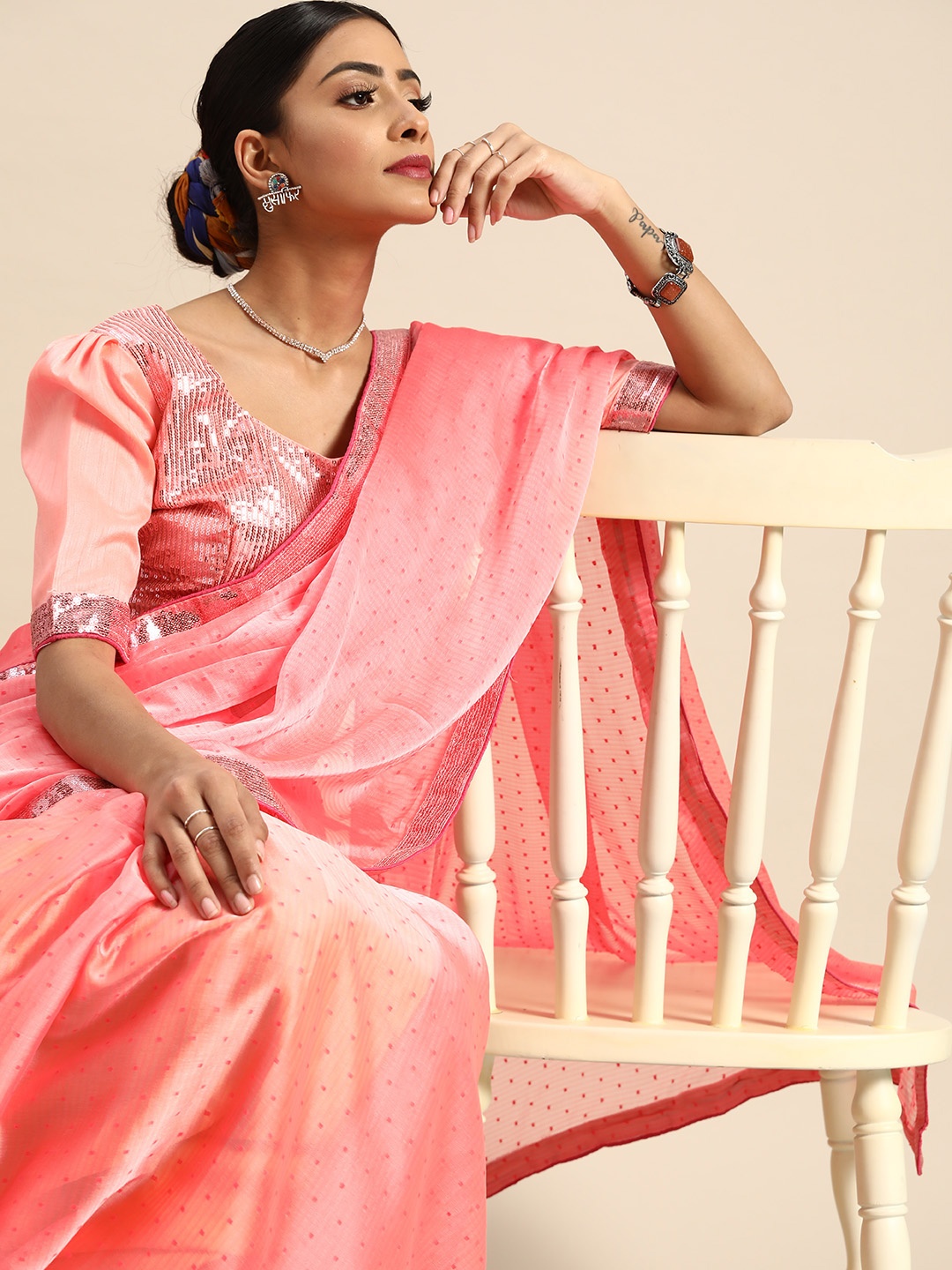 

SHAVYA Pink Woven Design Saree