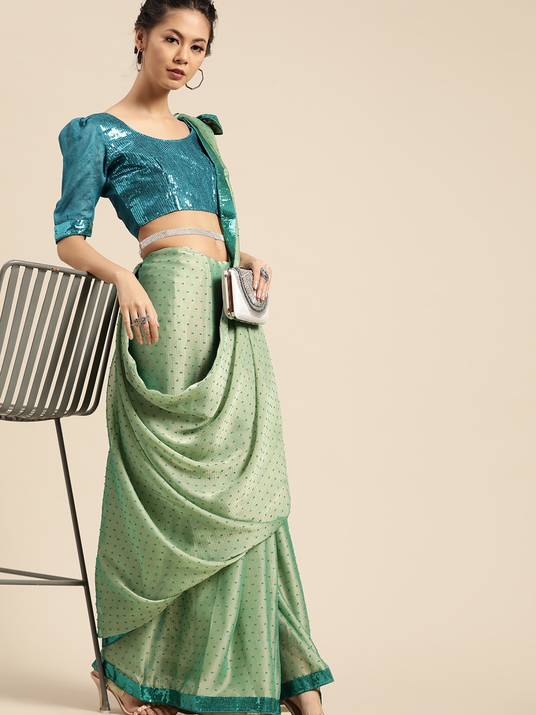 

SHAVYA Green & Blue Silk Blend Woven Design Saree