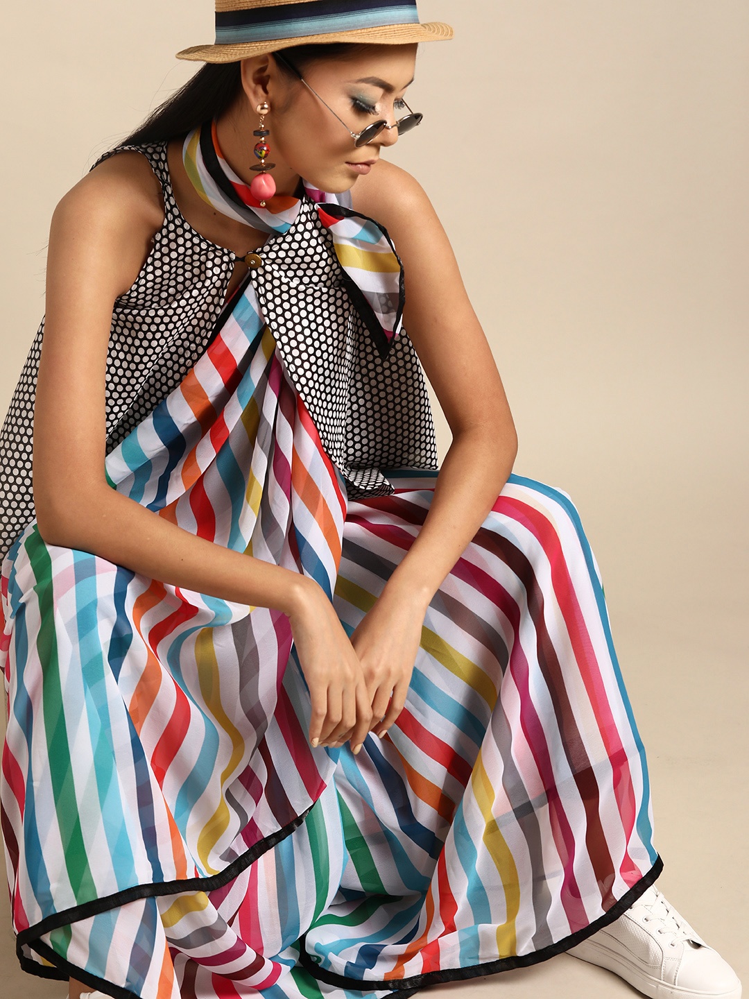 

SHAVYA Multi-Coloured Pure Georgette Striped Saree, Mustard