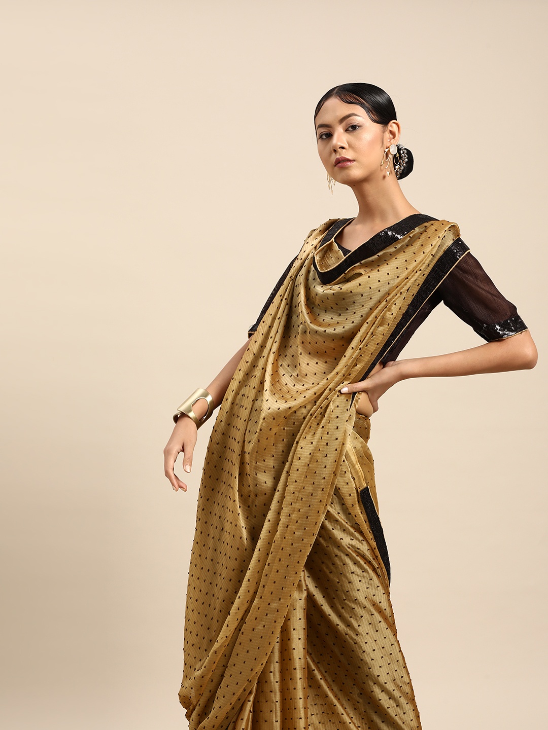 

SHAVYA Women Golden Silk Blend Woven Design Saree with Sequined Detail, Gold