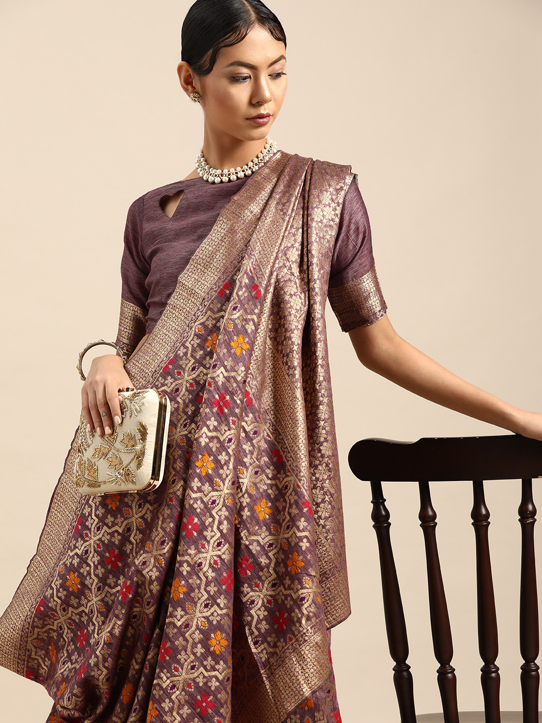 

SHAVYA Purple & Golden Silk Blend Woven Design Banarasi Saree