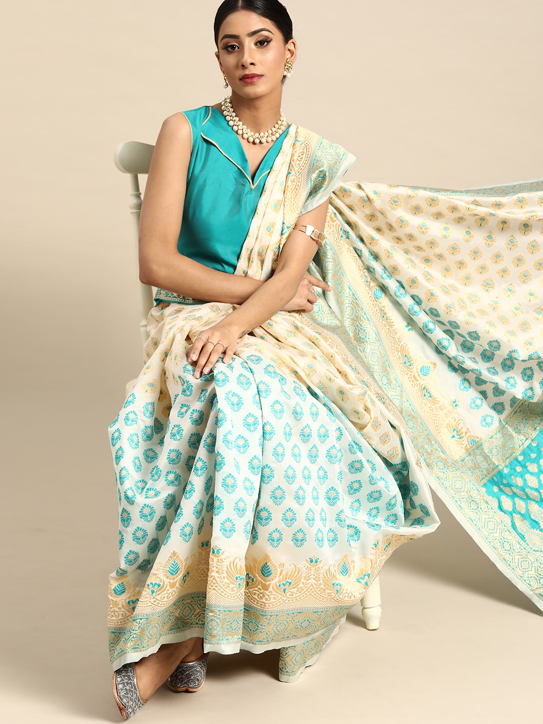 

SHAVYA Off-White & Sea Green Zari Woven Design Banarasi Saree