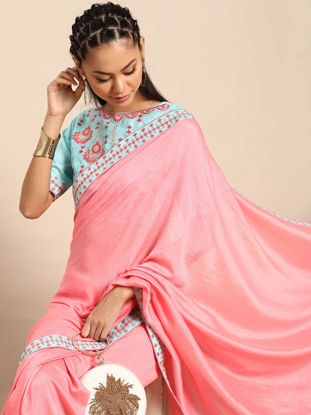 

SHAVYA Pink Solid Silk Blend Saree
