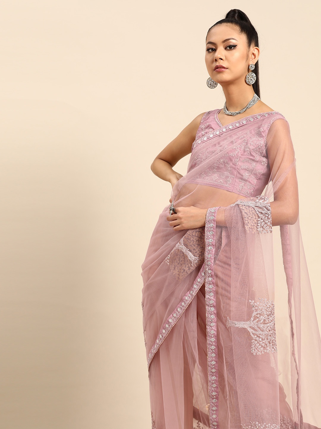 

SHAVYA Women Mauve Embroidered Supernet Saree with Sequined Detail