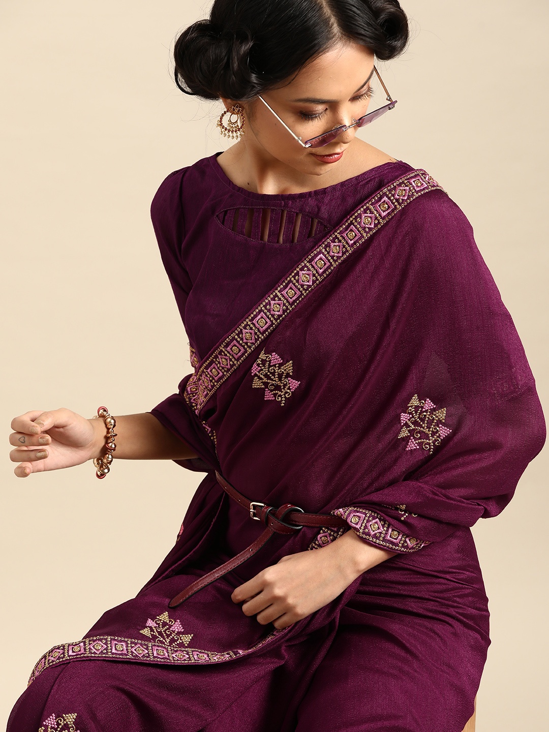 

SHAVYA Burgundy Embroidered Saree