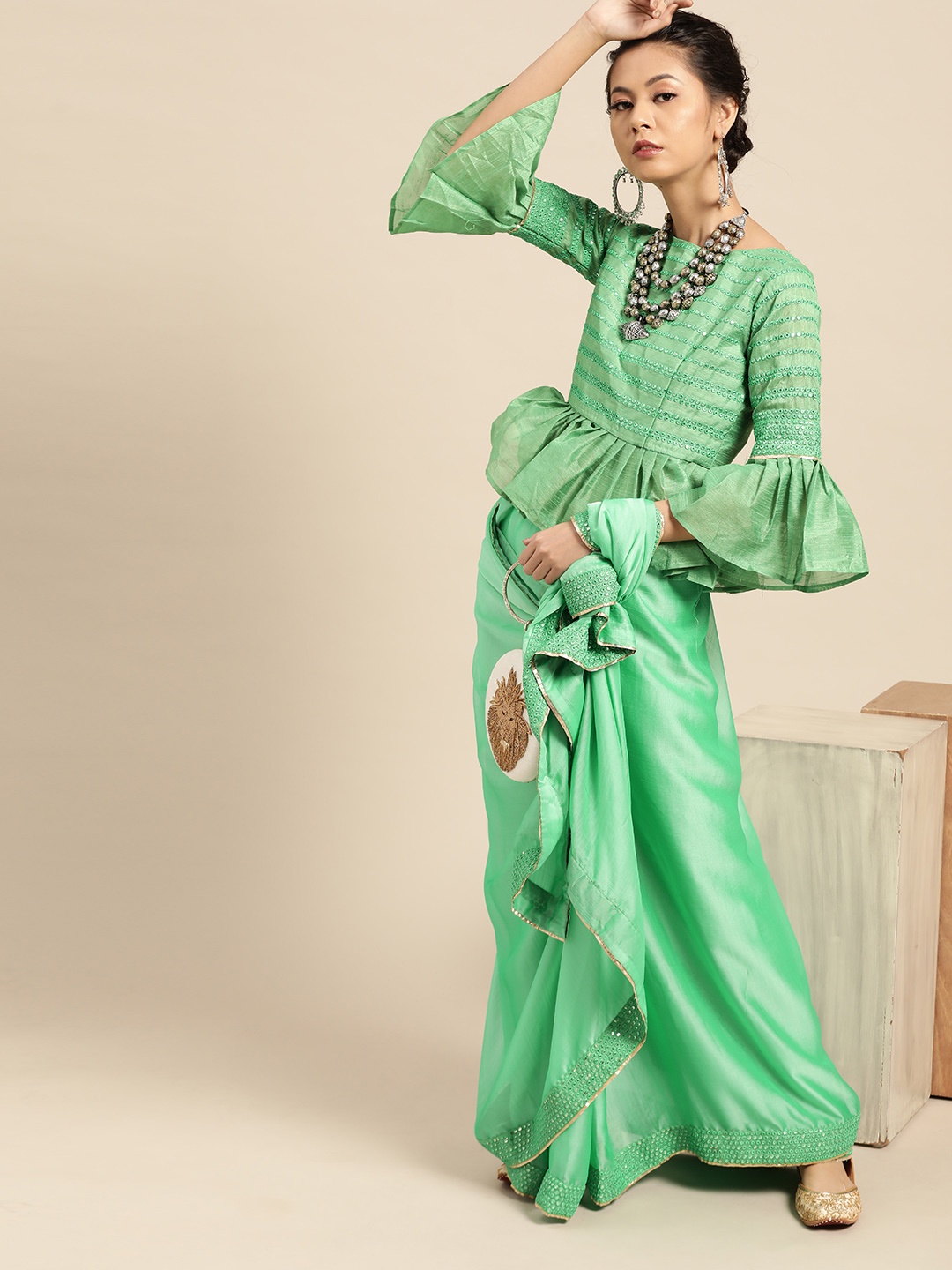 

SHAVYA Green Solid Pure Chiffon Saree