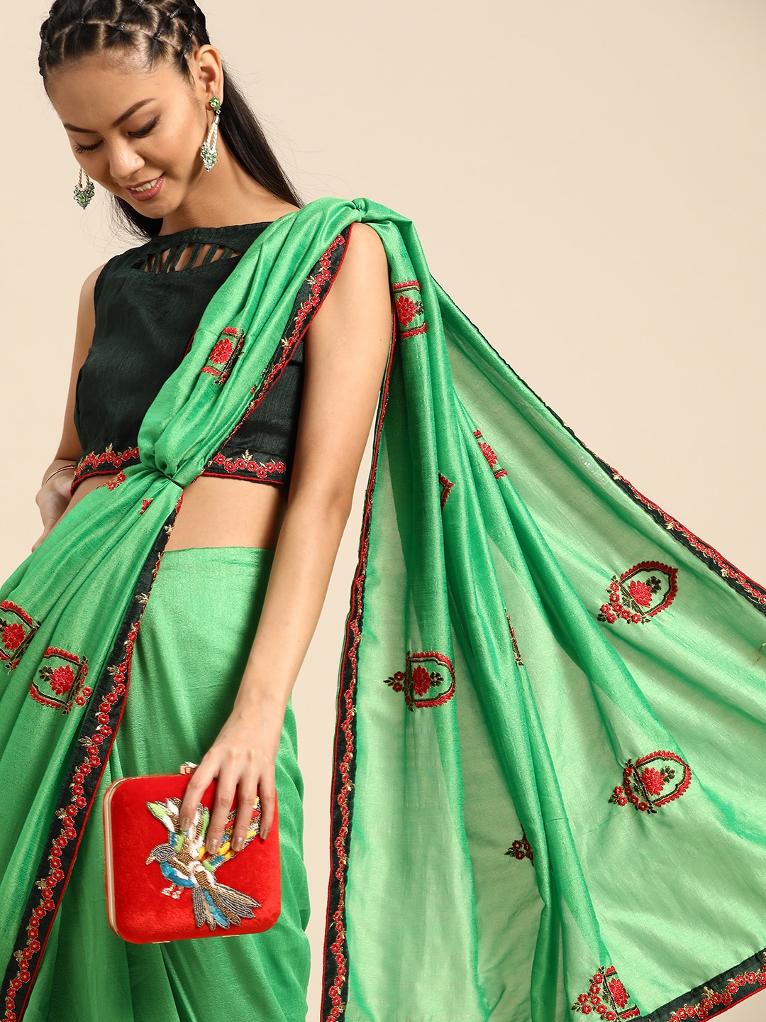 

SHAVYA Green & Red Silk Blend Embroidered Saree