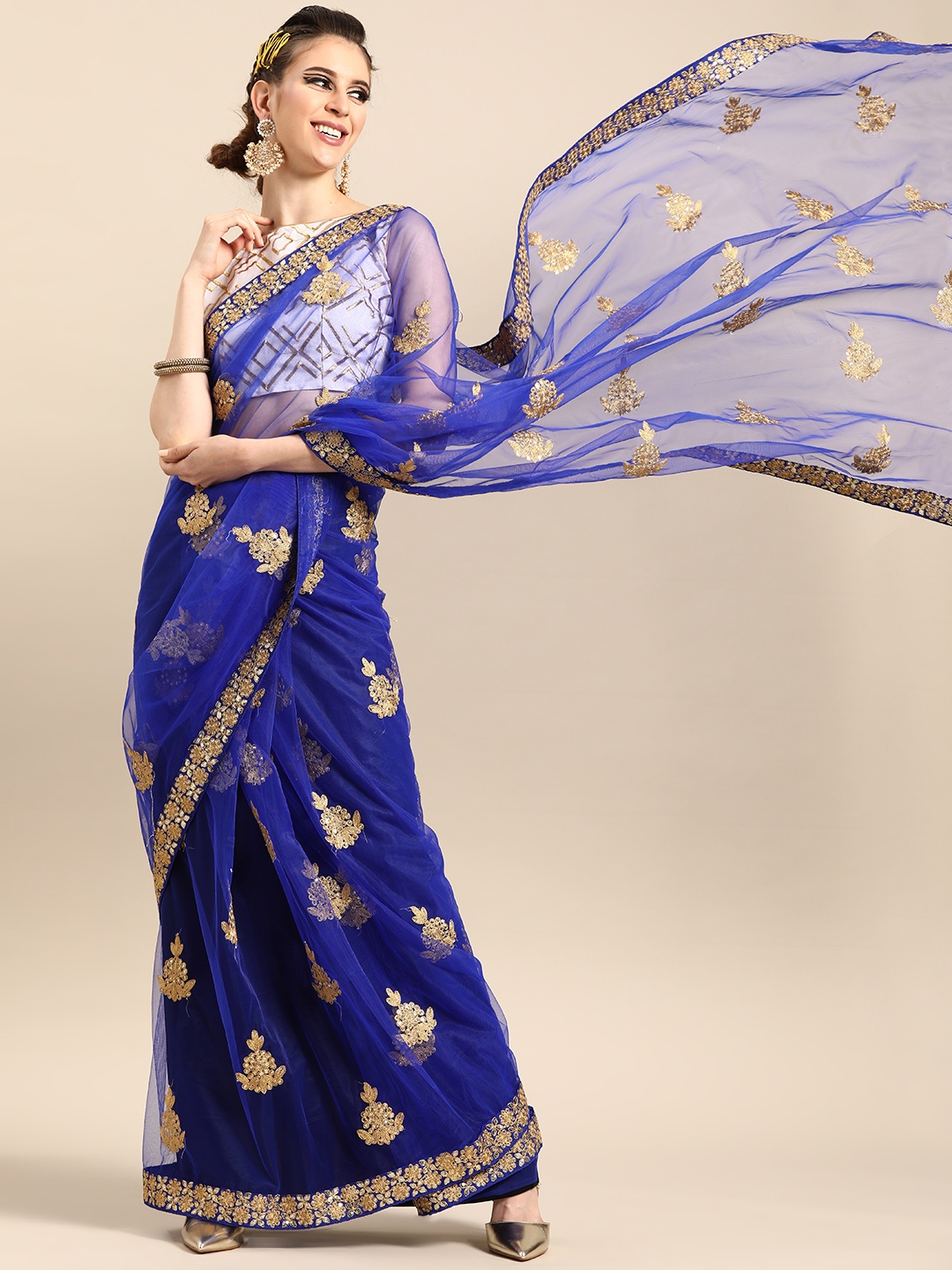 

SHAVYA Blue & Gold-Toned Supernet Embroidered Saree
