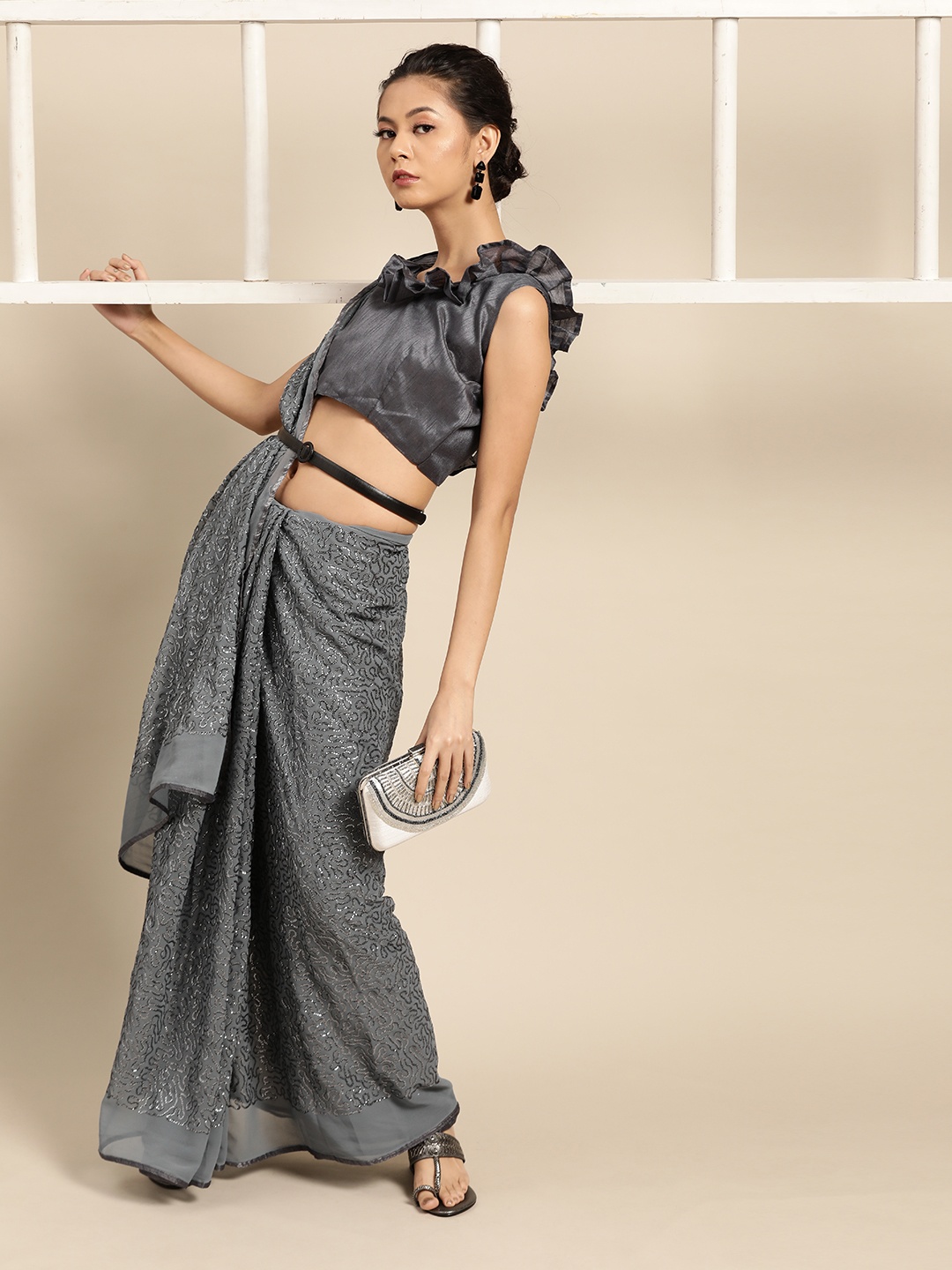 

SHAVYA Grey Embellished Pure Georgette Saree