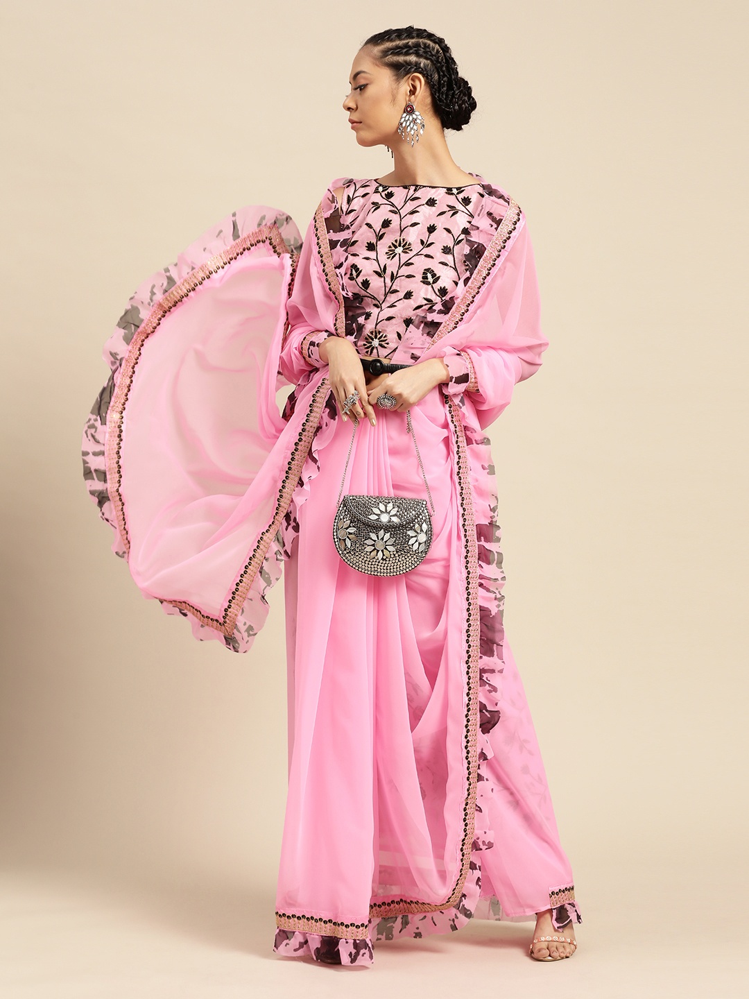 

SHAVYA Pink Pure Georgette Solid Ruffled Saree