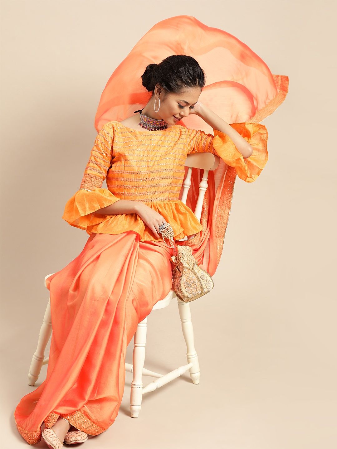 

SHAVYA Orange Solid Pure Chiffon Celebrity Saree