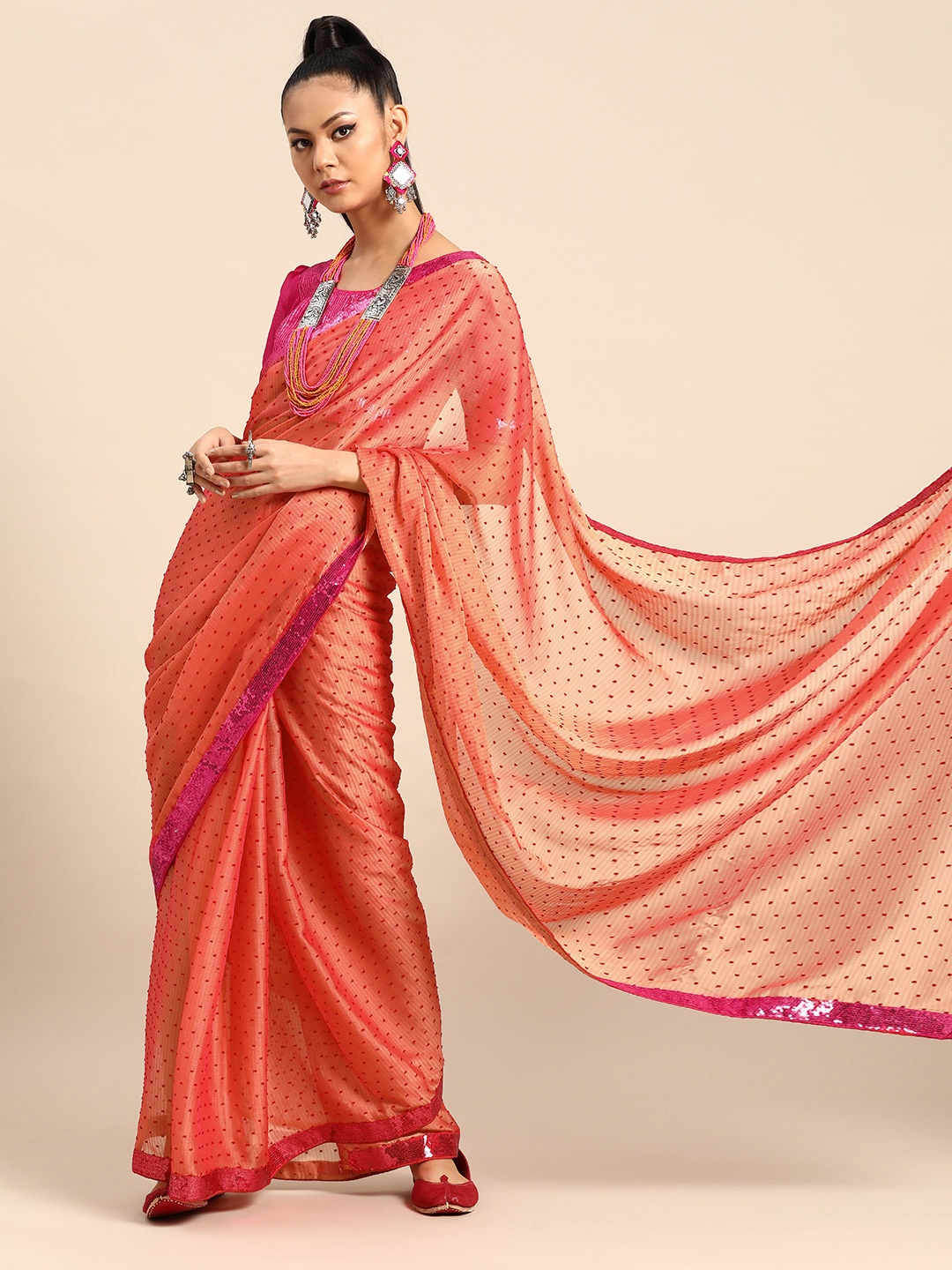 

SHAVYA Women Coral Orange Woven Design Silk Blend Saree