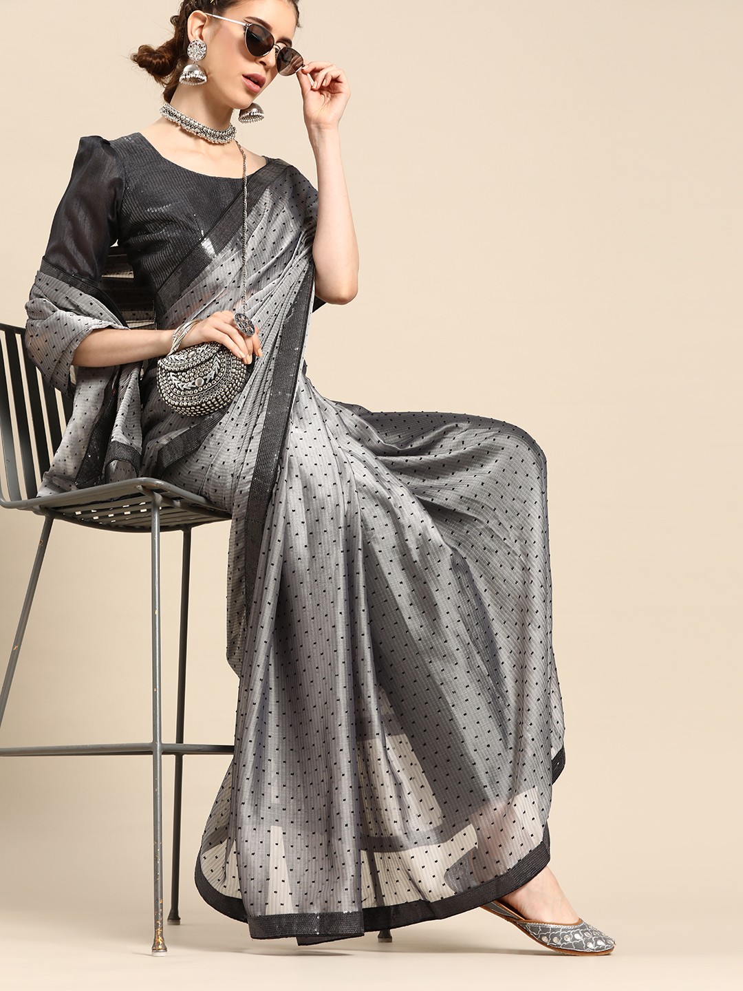 

SHAVYA Grey & Black Woven Design Saree