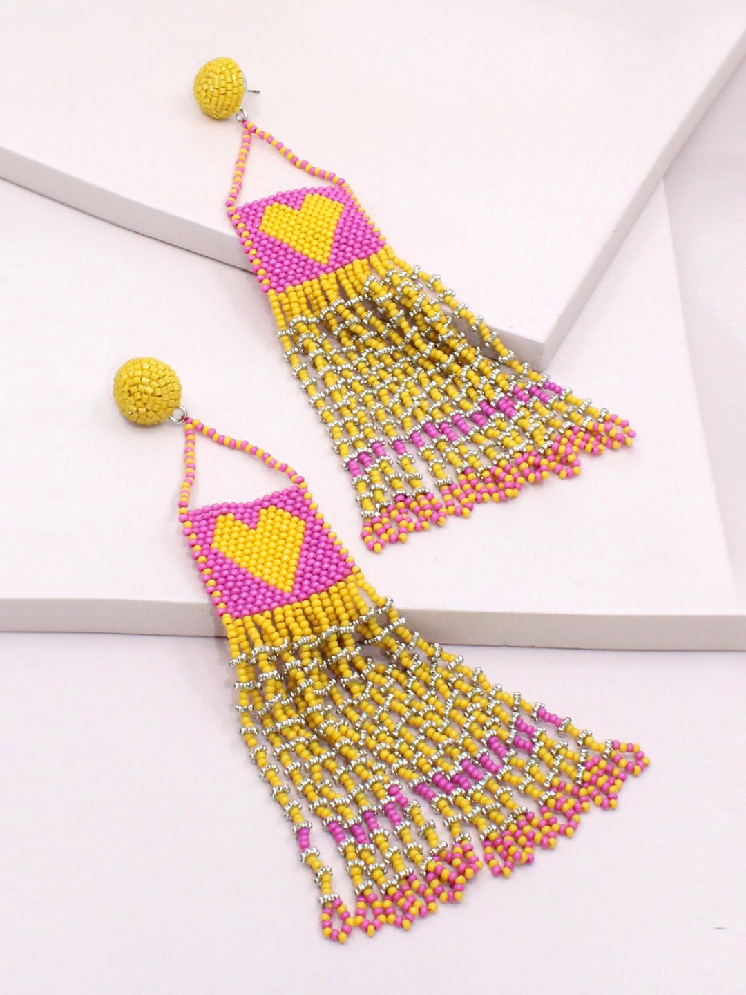 

Runway Ritual Yellow & Pink Tasselled Geometric Drop Earrings