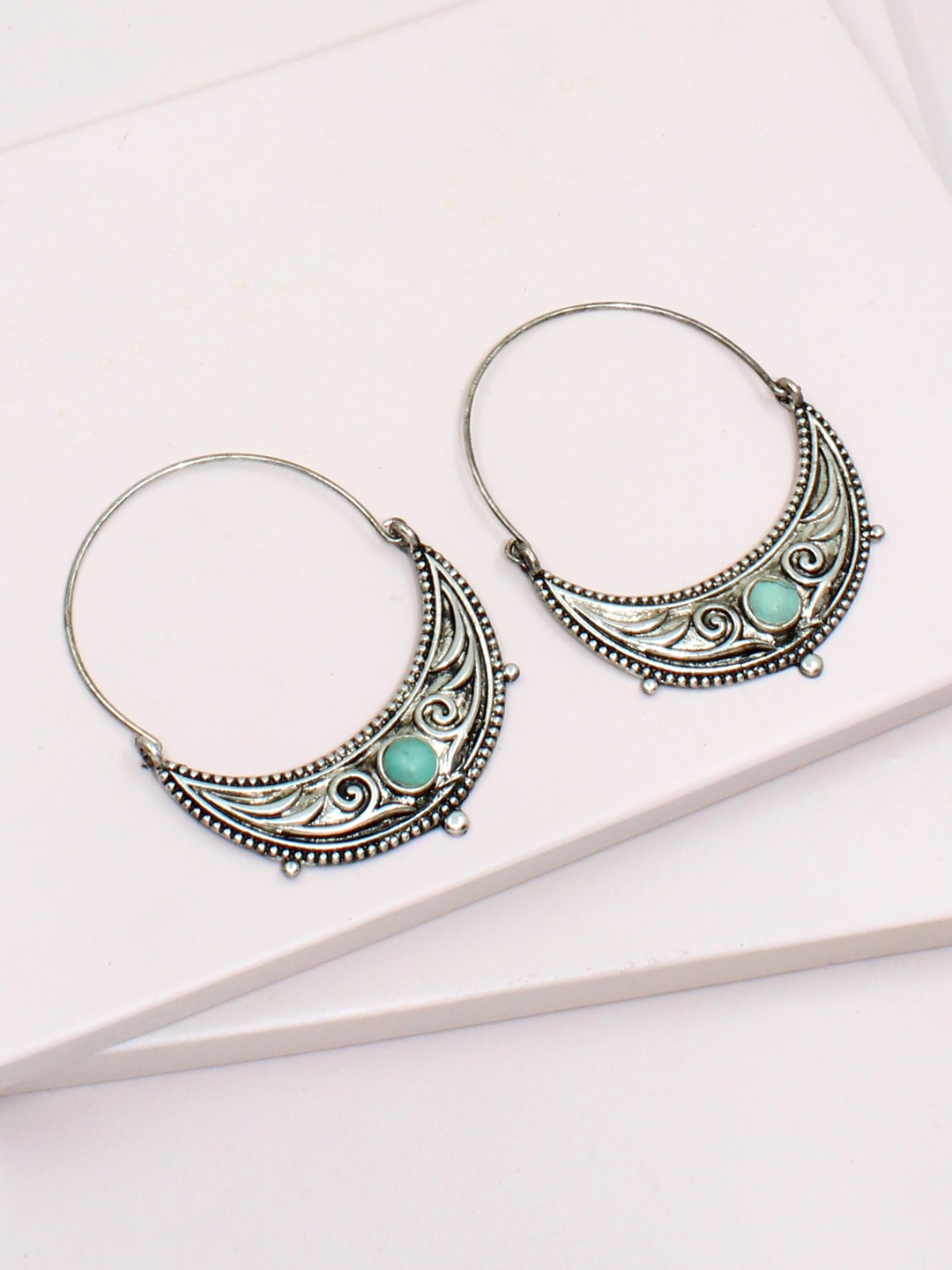 

Runway Ritual Turquoise Blue & Silver-Plated Circular Hoop Earrings