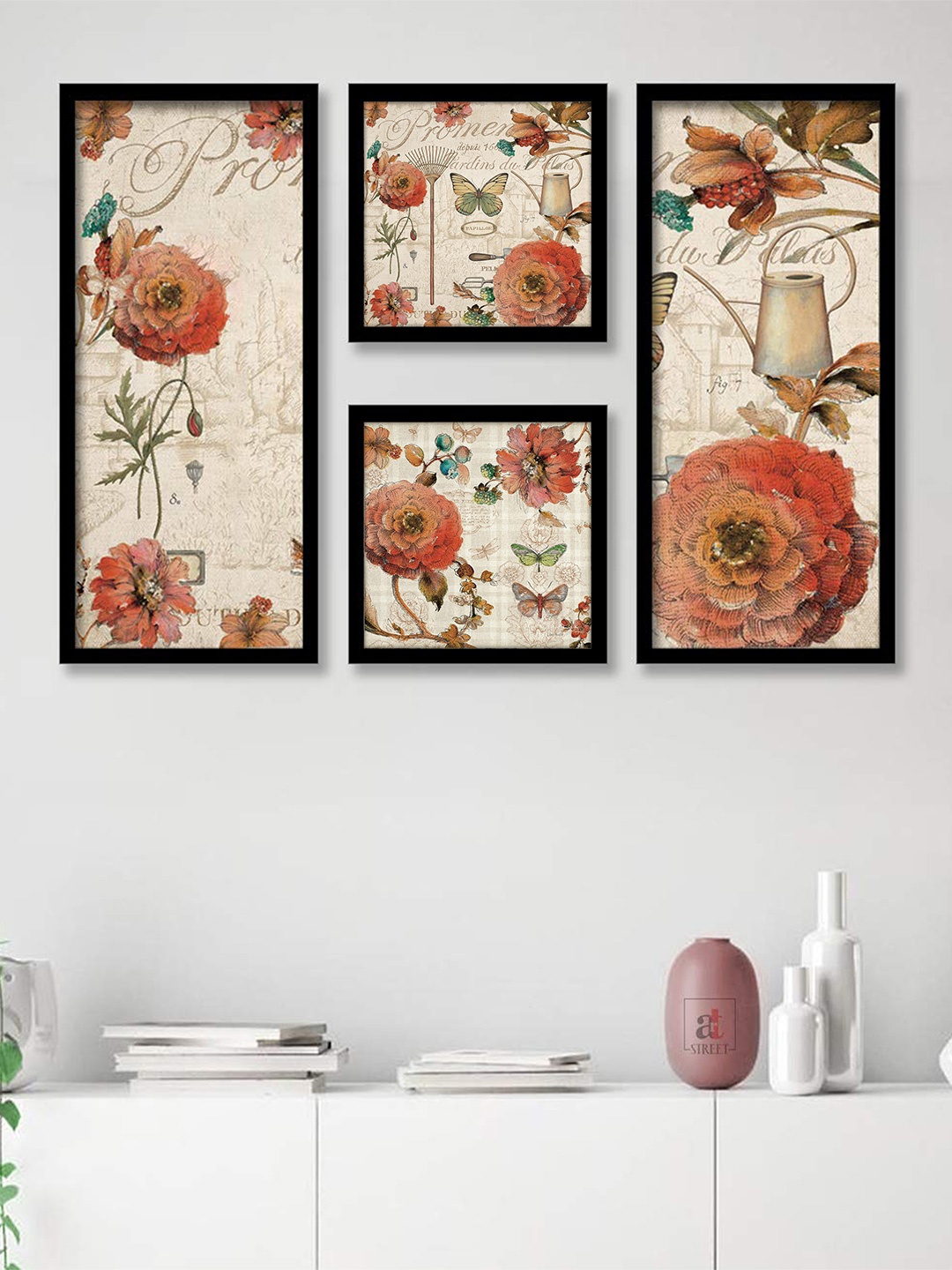 

Art Street Set Of 4 Orange & Beige Flower & Birds Painted Framed Wall Art