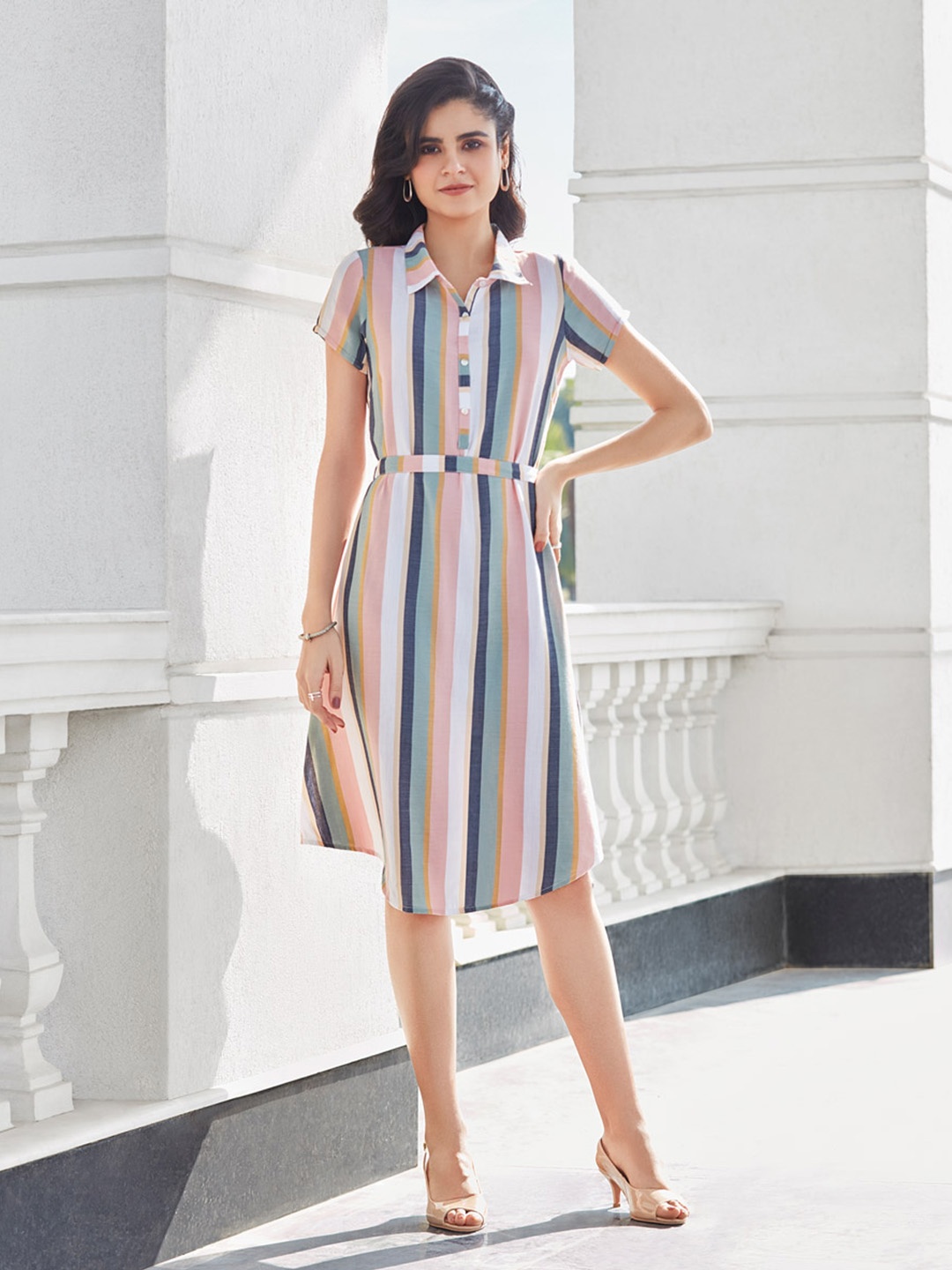 

AURELIA Women Peach-Coloured Striped A-Line Dress