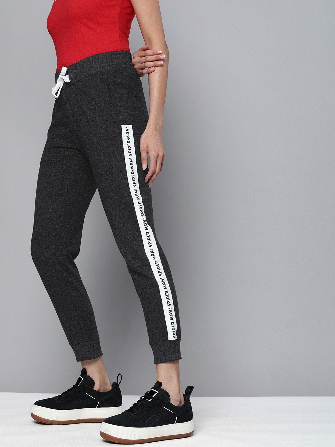 

Kook N Keech Women Charcoal Melange Colourblocked Mid Rise Casual Joggers