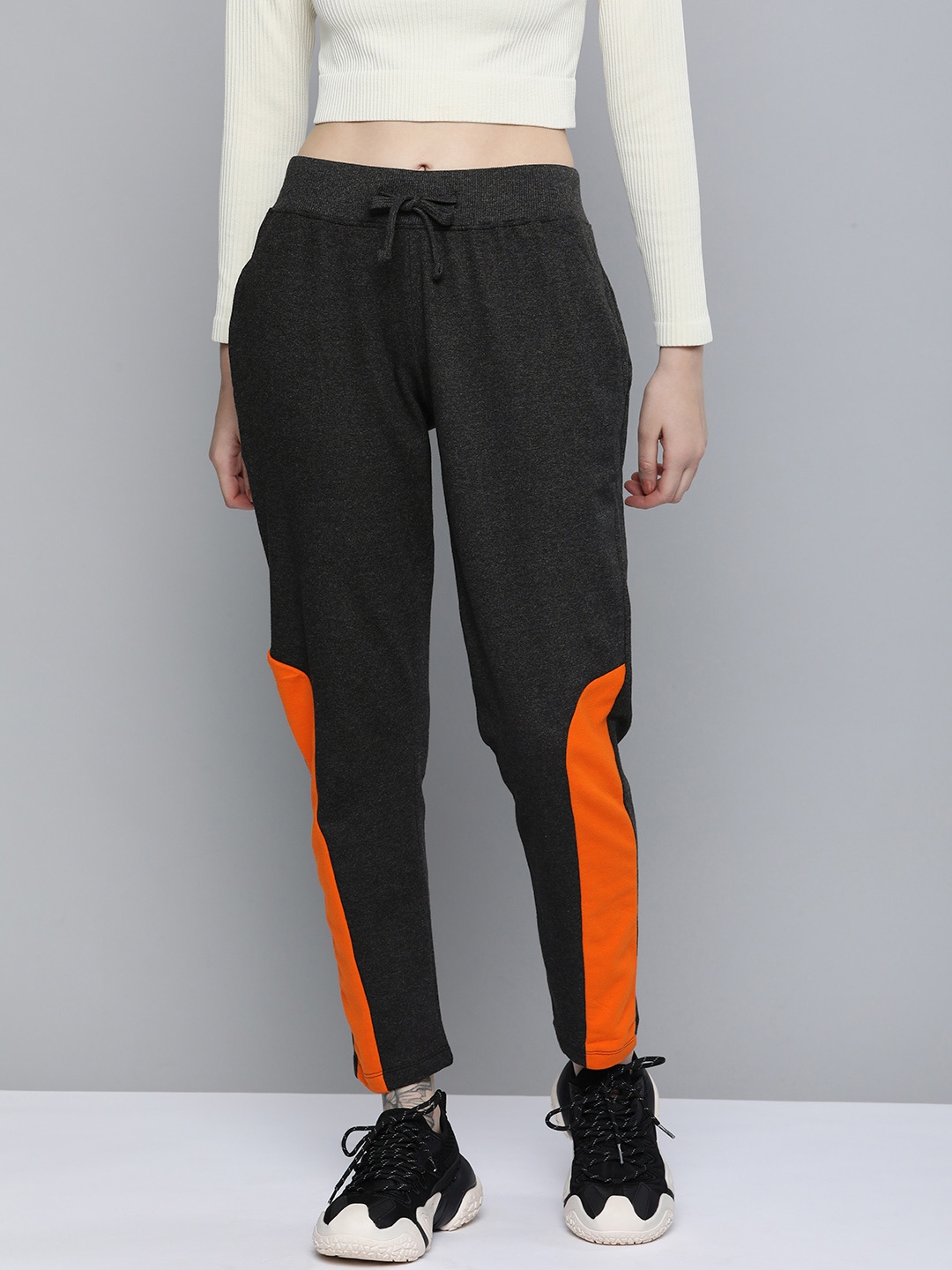 

Kook N Keech Men Charcoal & Orange Colourblocked Regular Track Pants