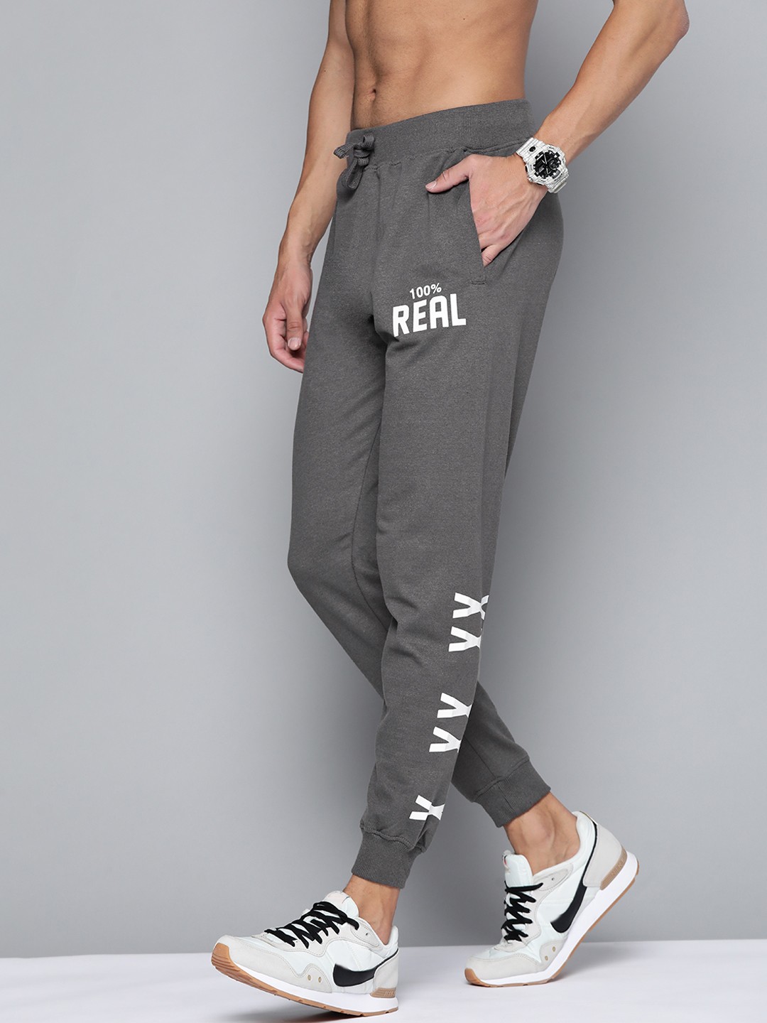 

Kook N Keech Men Grey & White Solid Joggers with Typography Print Detail