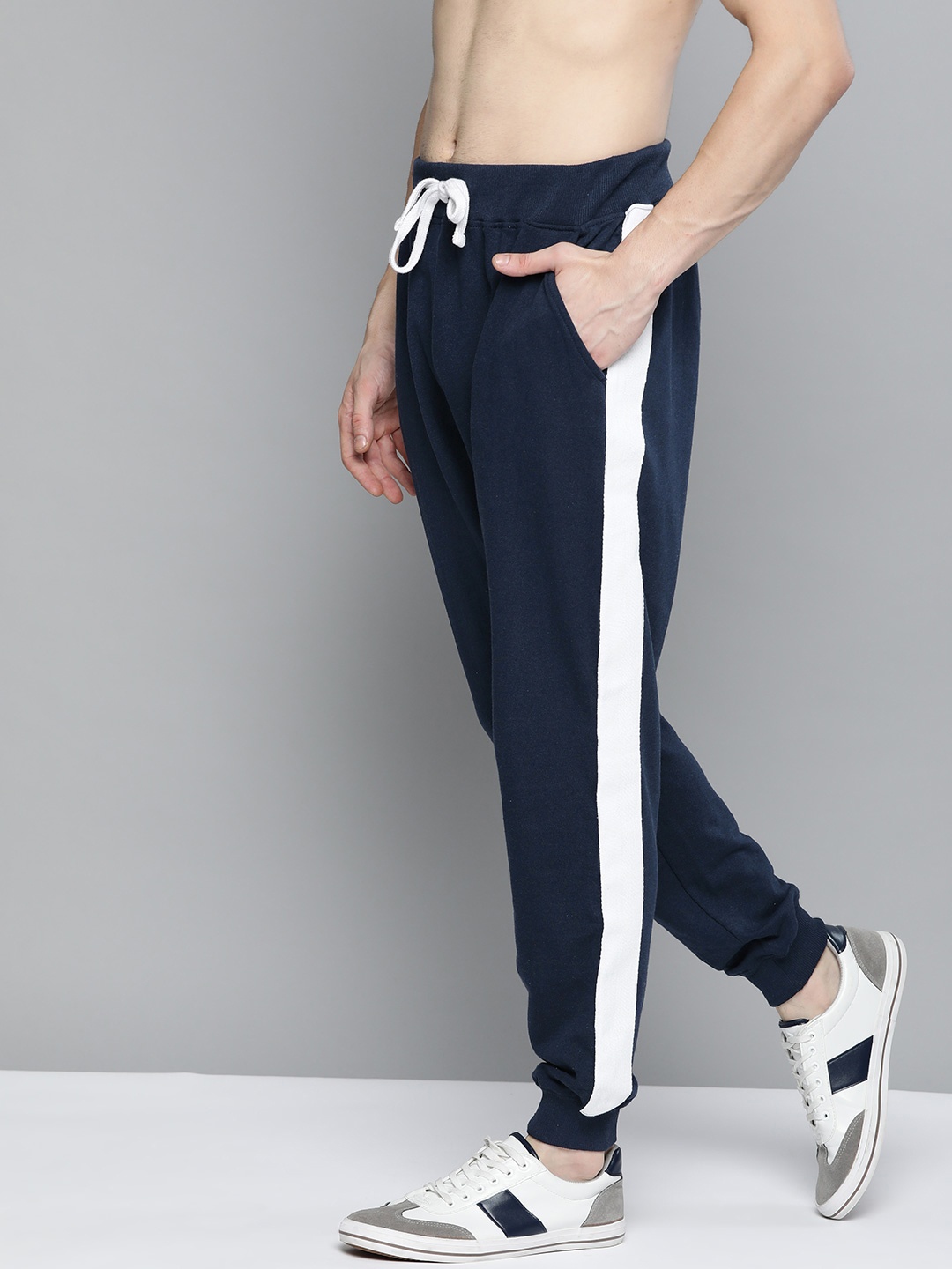

Kook N Keech Navy Blue Solid Knitted Straight Fit Joggers With Side Stripes