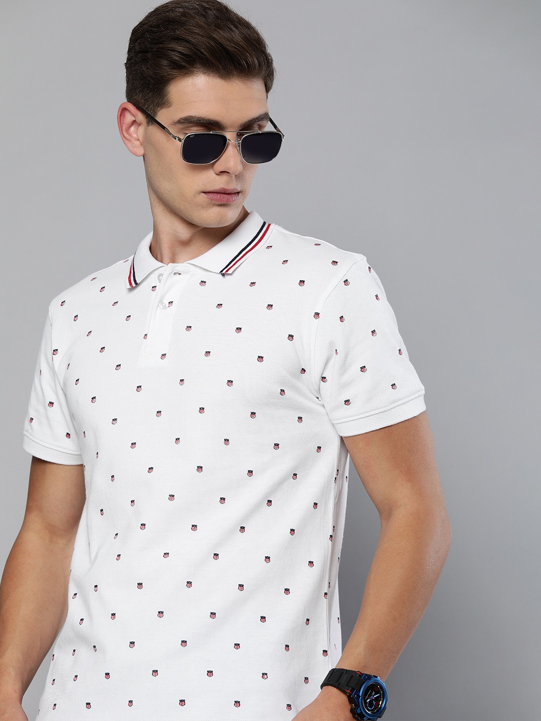 

Harvard Men White & Red Printed Polo Collar T-shirt