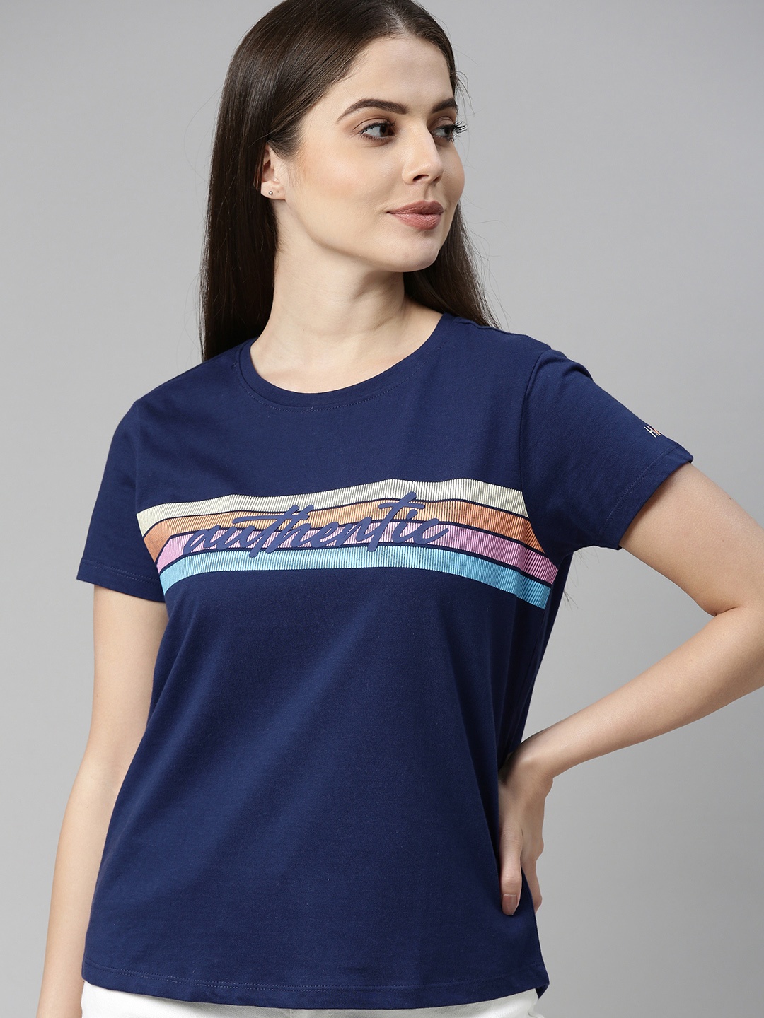 

Harvard Women Navy Blue Pink Striped Pure Cotton T-shirt