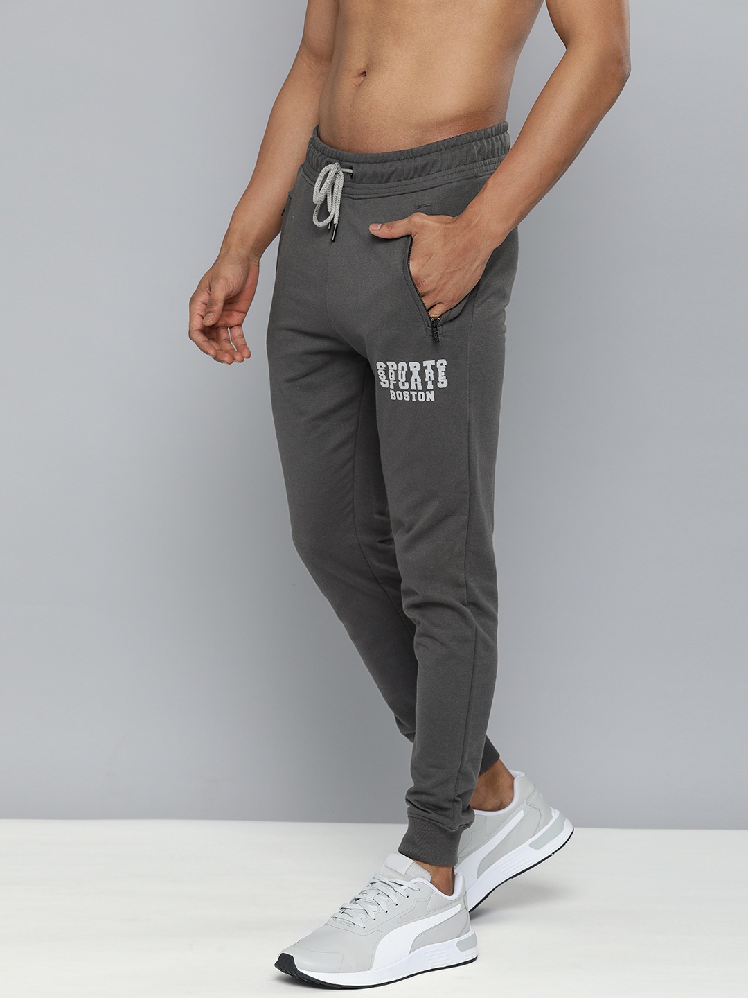 

Harvard Men Charcoal Grey Solid Joggers with Printed Detail
